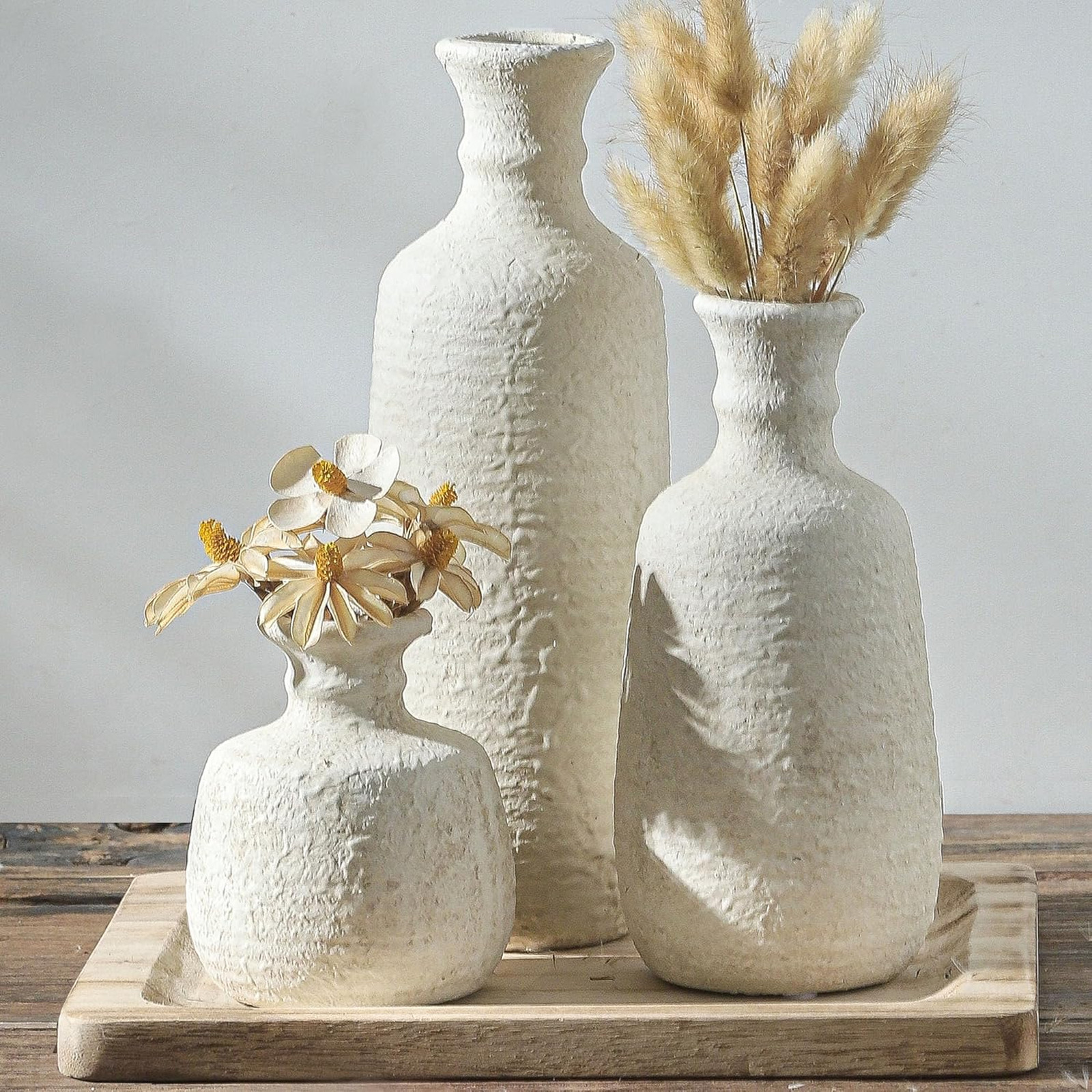 Ceramic Vase Set of 3 Farmhouse Rustic Home Decor Dried or Fresh Plants Table