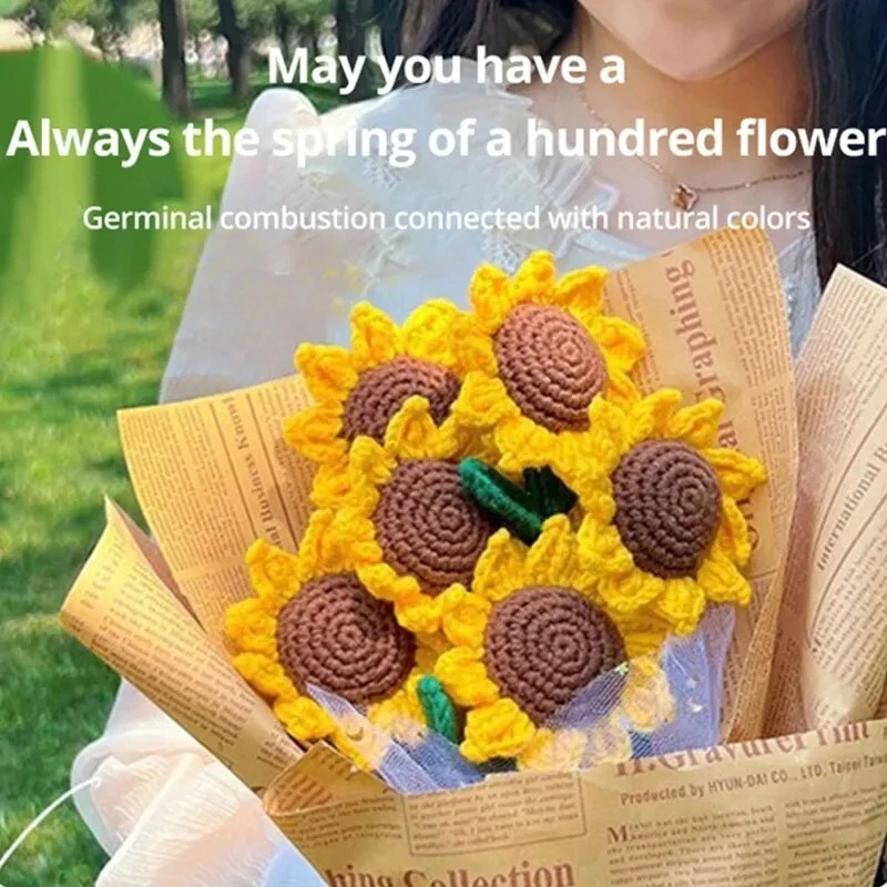 3 pcs Knitted Crochet Sunflower Flower, Handwoven Bouquet Flowers Girl Gift