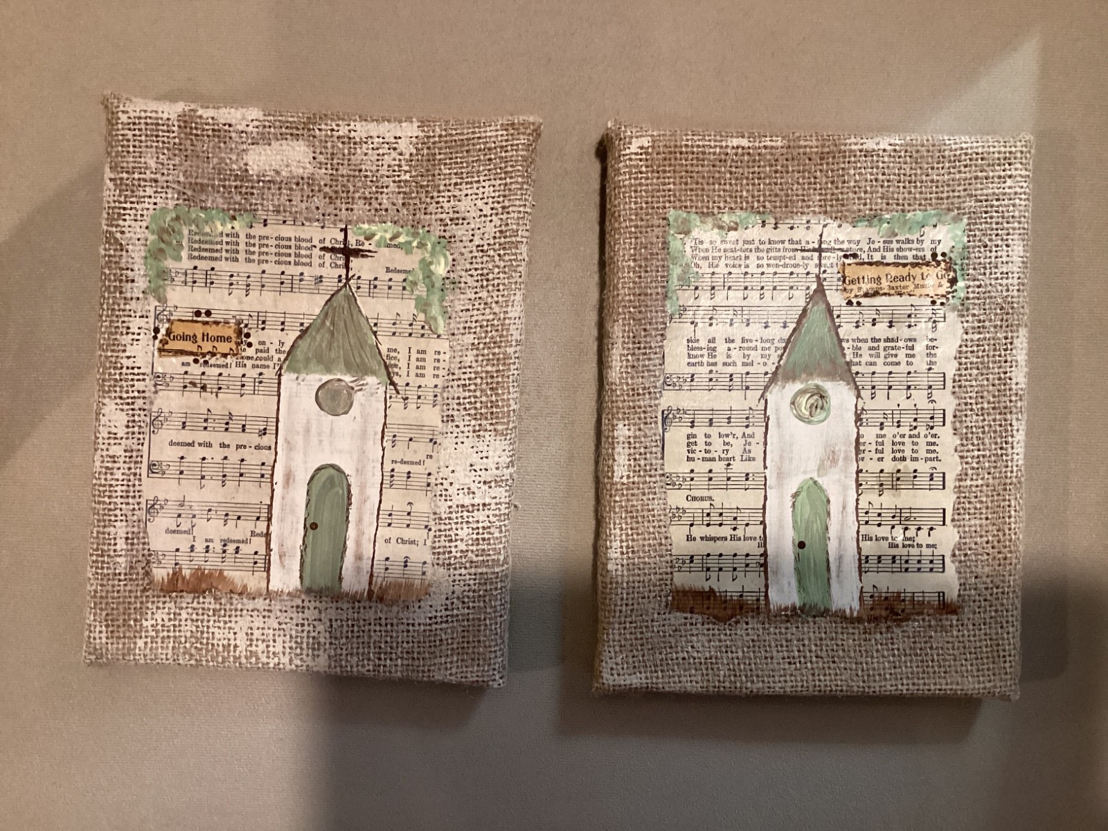 Set of burlap wrapped pictures of churches painted on hymn pages 6” x 8”