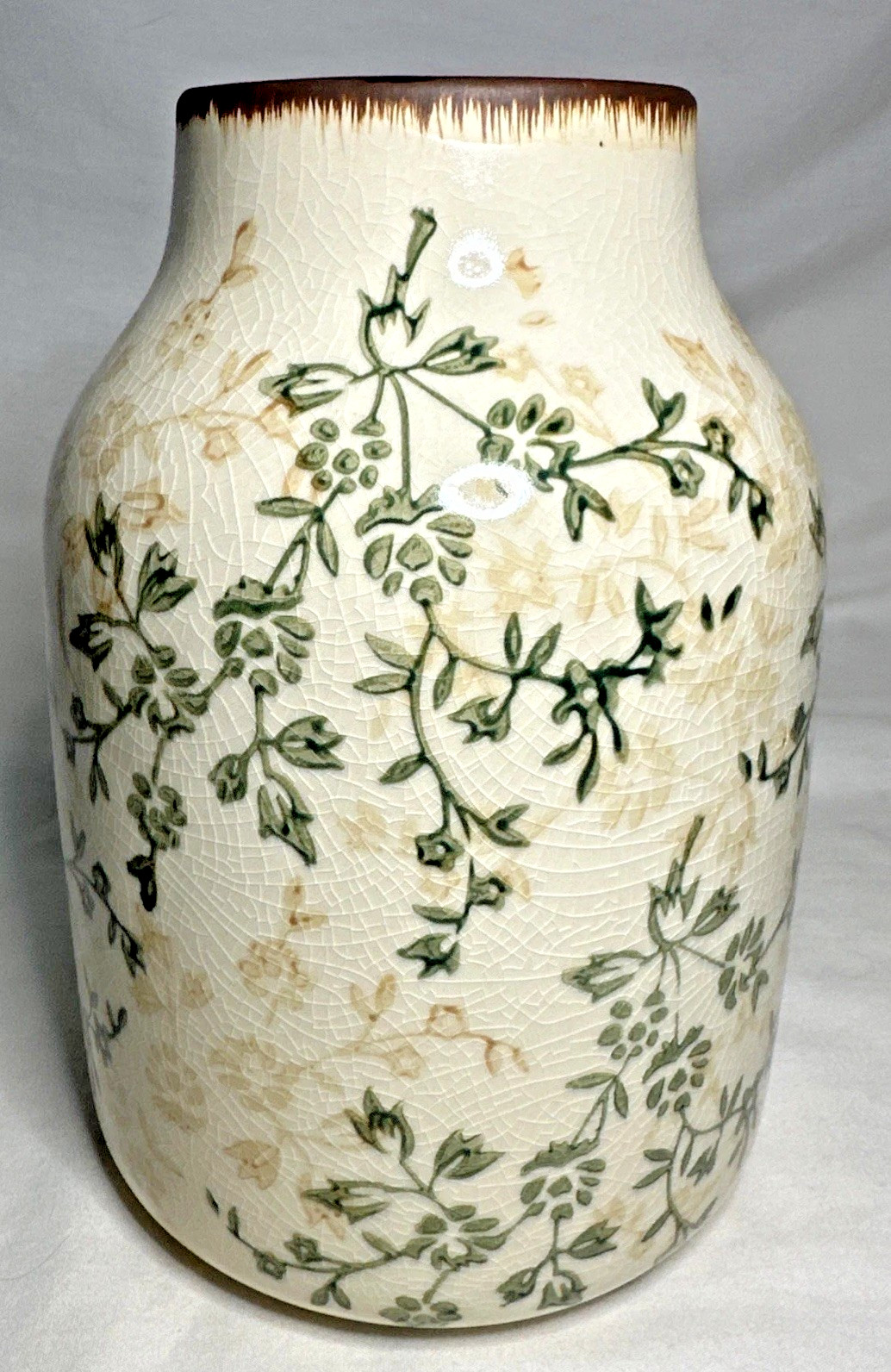 Ceramic Vase Rustic Floral Beige Tan Green Glazed Crack Chinoiserie Tuscan Decor