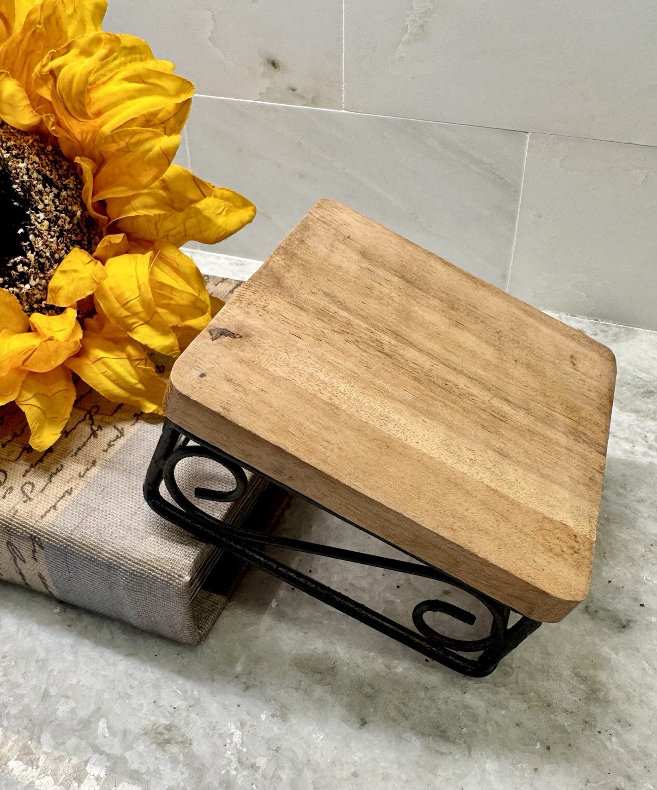 New Small Wooden Riser w/ Black Metal Scrolls Display Stand for Home Decor – 4”