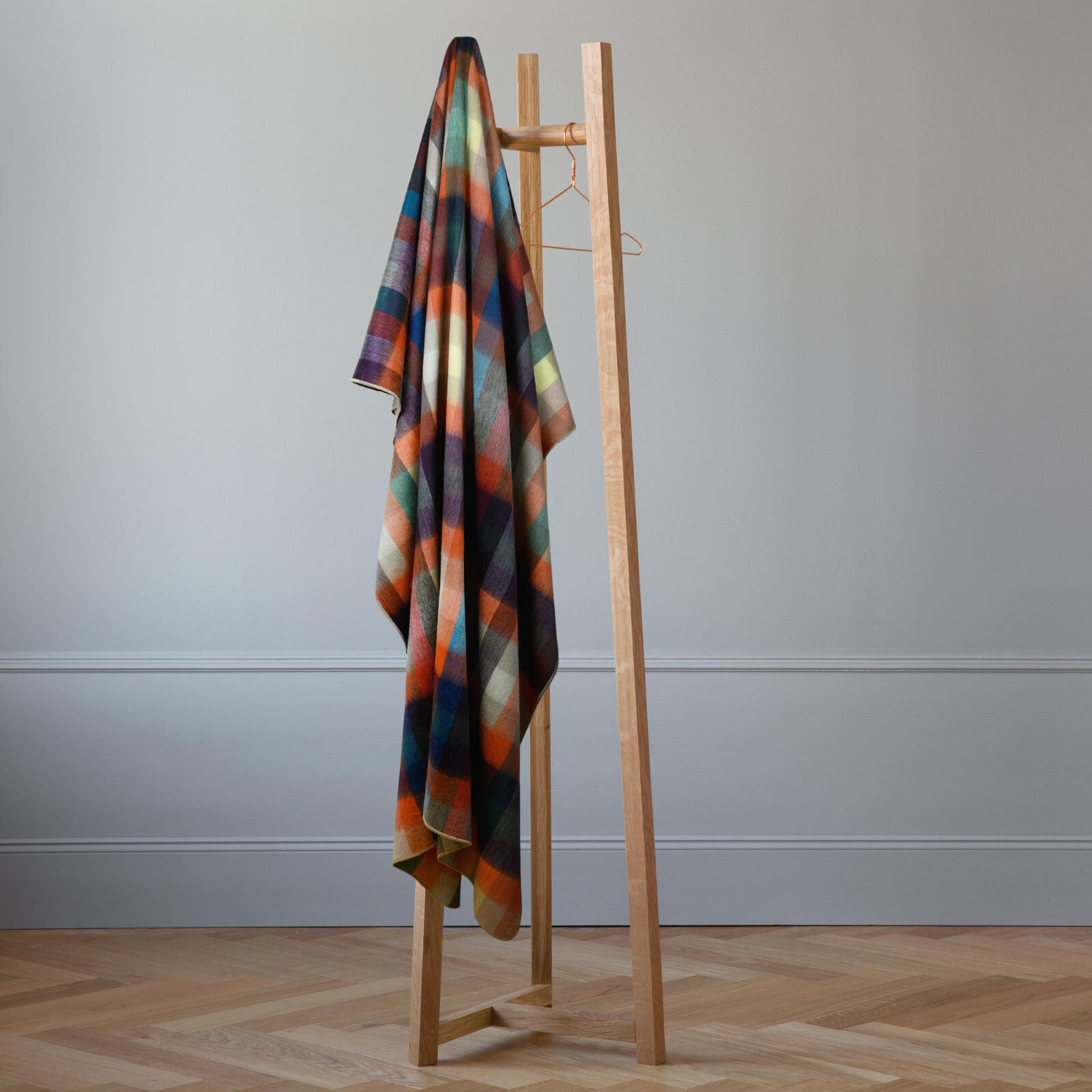 COZY CHECKER ALPACA WOOL BLANKET 96&Prime; x 66&Prime; MULTICOLOR PLAID IN ORANGE BLUE BROWN