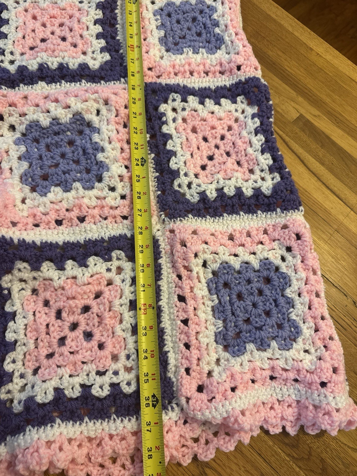 Handmade Pink White Purple Granny Square Crochet Afghan Blanket 38×38 boho