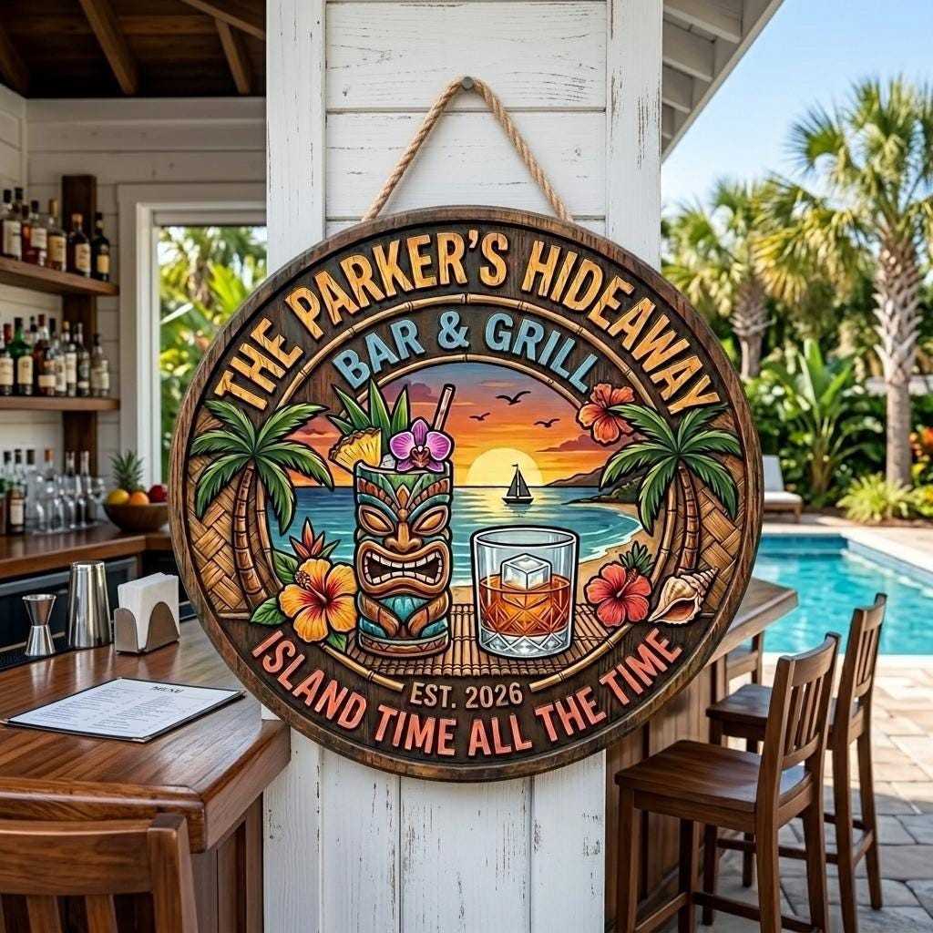 Personalized Tiki Bar Wooden Sign Custom Family Name Pool Patio Wall Decor