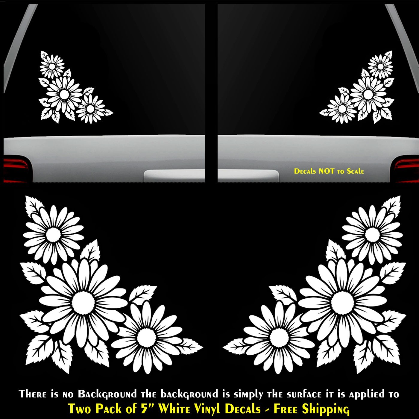 Daisy Flower 2 Pk 5&Prime; Mirrored Vinyl Decals Vehicles Window Any Flat Surface