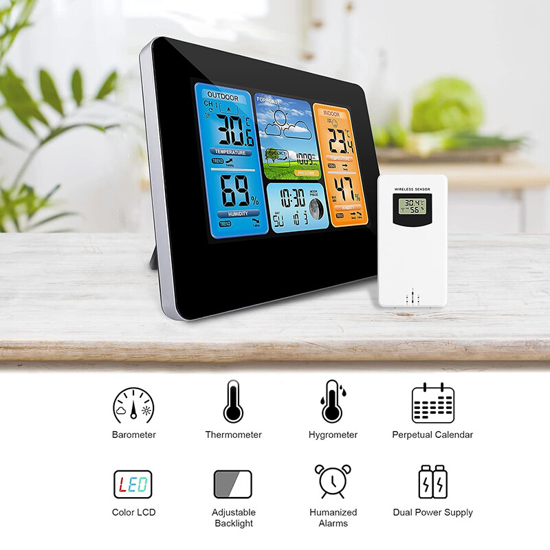Wireless Indoor & Outdoor Weather Station Clock Calendar Digital LCD Thermometer