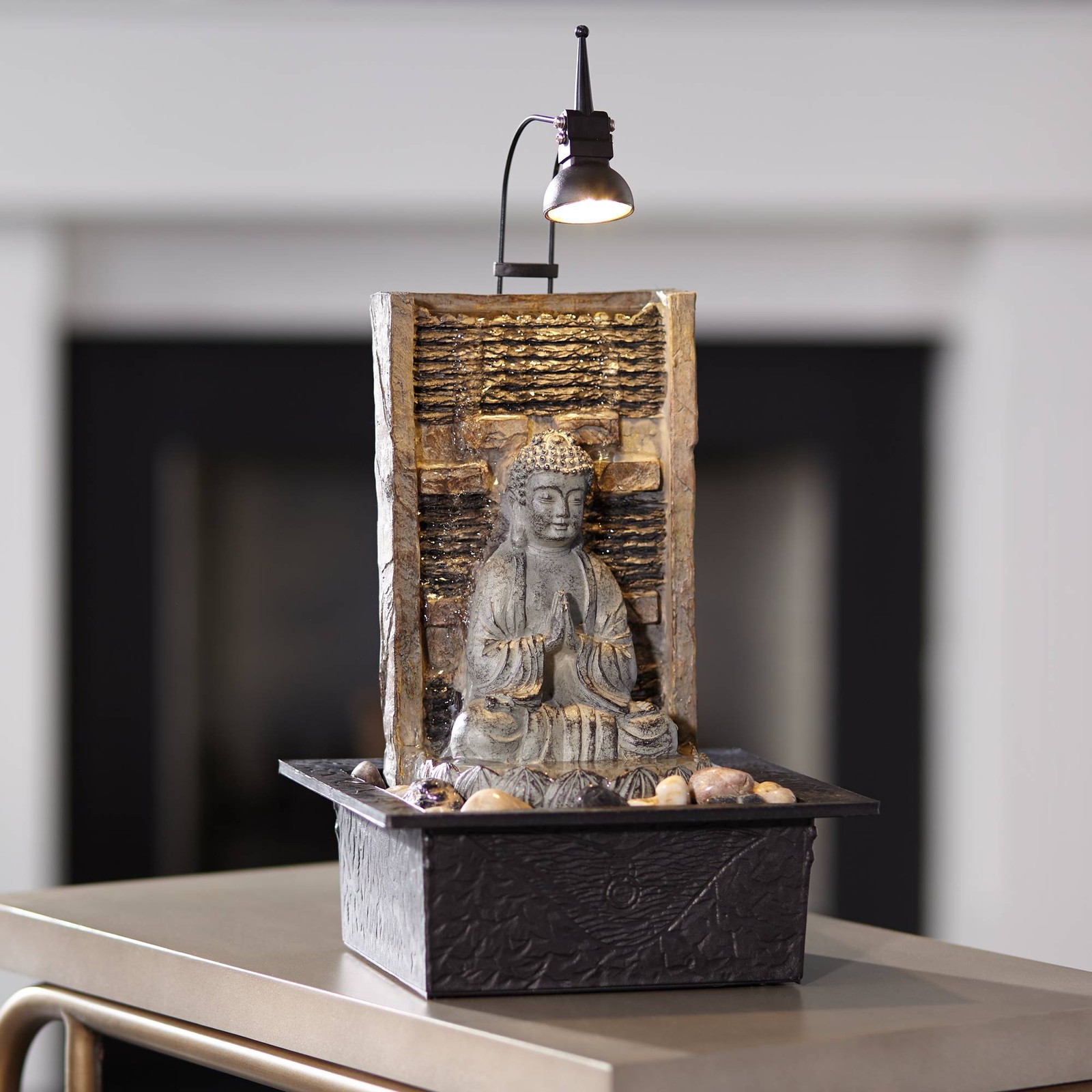 Namaste Buddha Asian Zen Waterfall Indoor Tabletop Water Fountain LED 11 1/2&Prime;