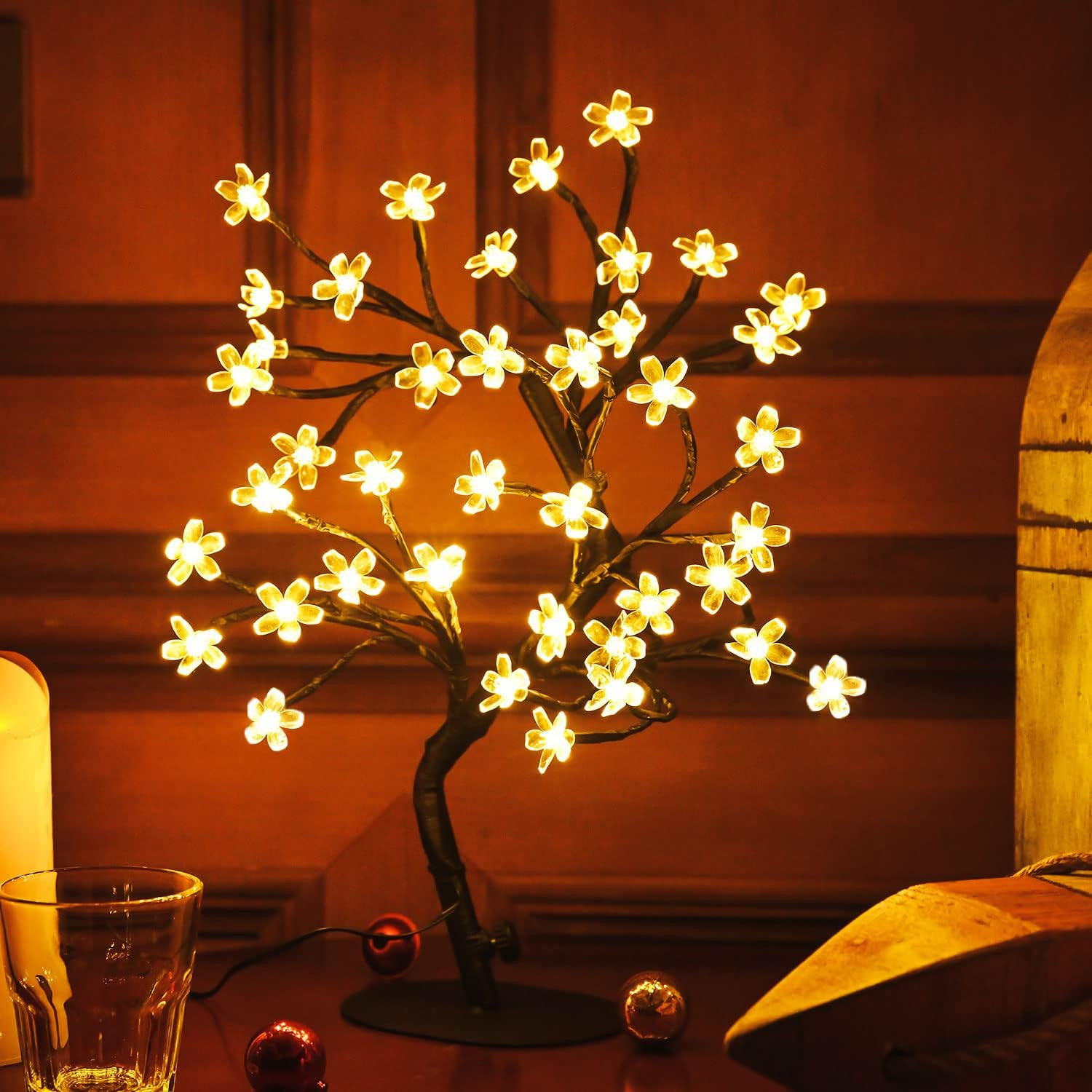 Cherry Blossom Tree Light,17Inch 40LED Lighted Tabletop Artificial Flower Bonsai