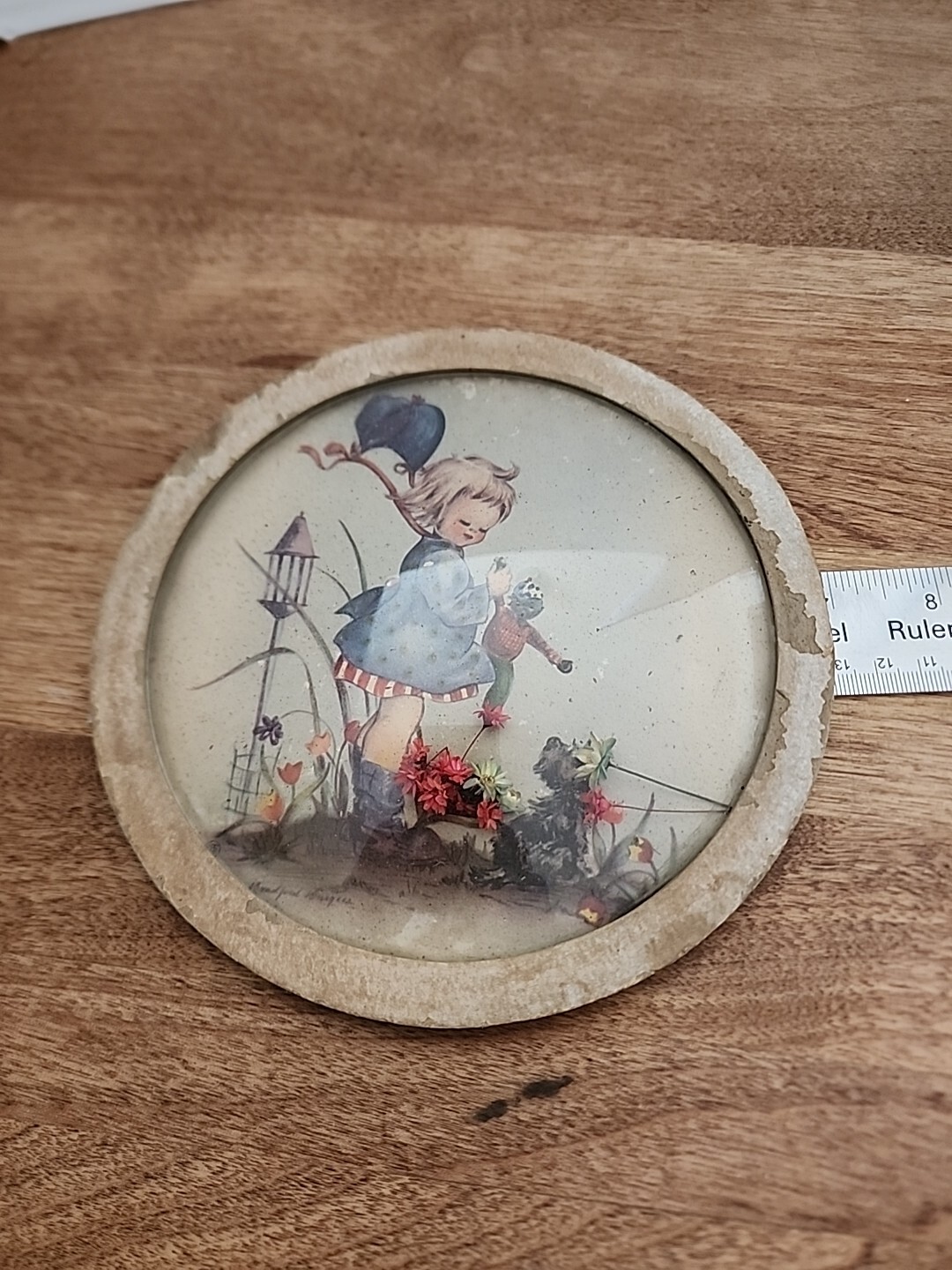 Antique Circular Domed Picture of Child with Flowers and Cardboard Frame 7&Prime; Wide