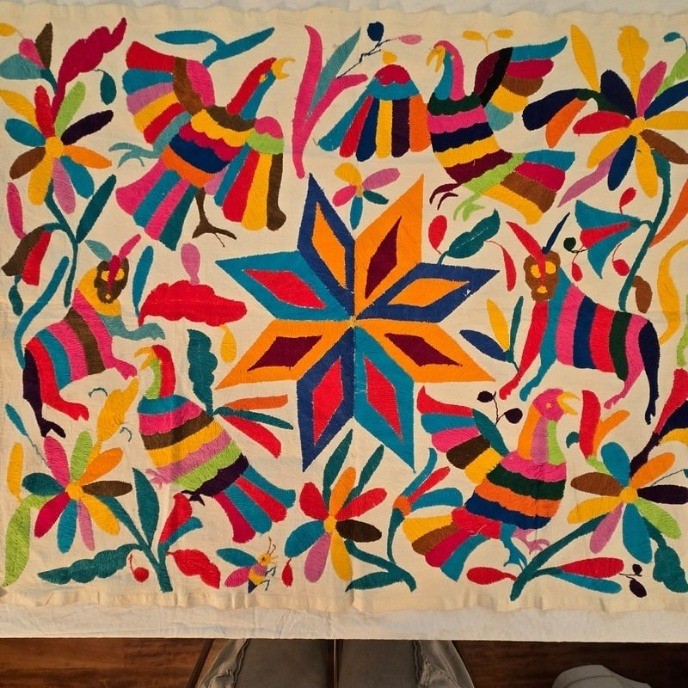 Vintage Otomi Tenango Embroidery Mexican Fold Art Textile Wall Hanging 34&Prime;x28&Prime;