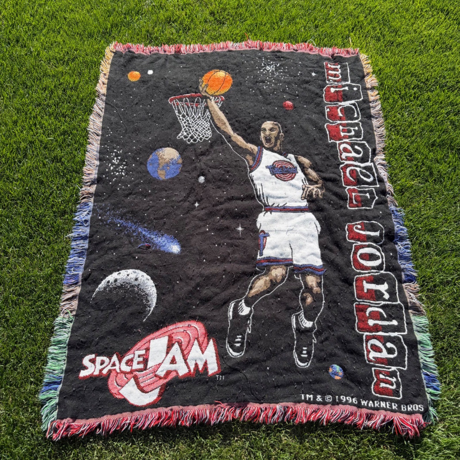 Vintage 1996 Space Jam Michael Jordan Woven Tapestry Throw Blanket 44×58 Warner