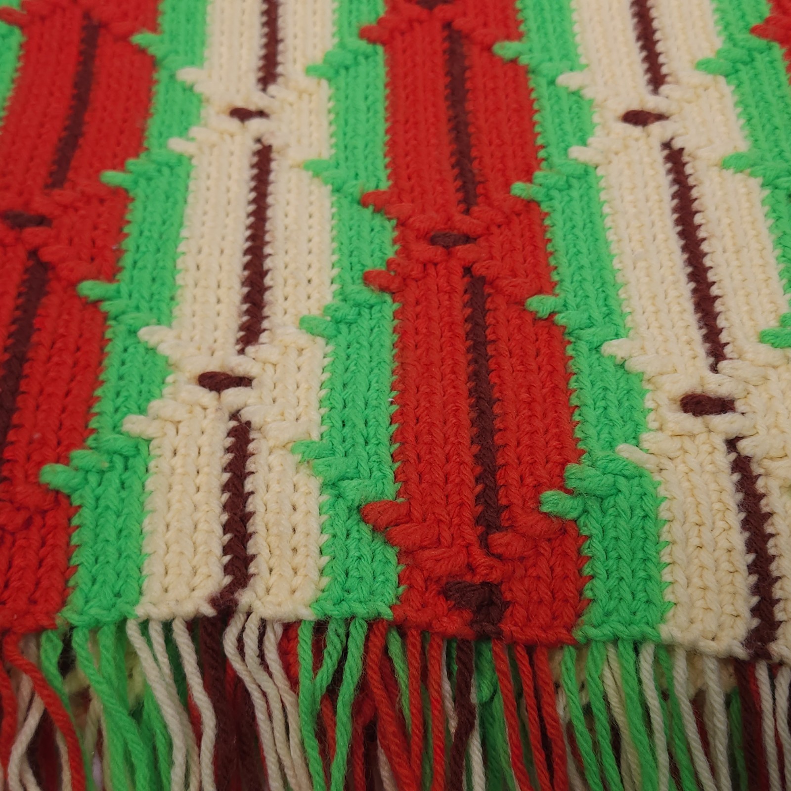 VTG Knit Afghan Throw Multicolor Striped Brown Orange Green Granny Cottage 50×57