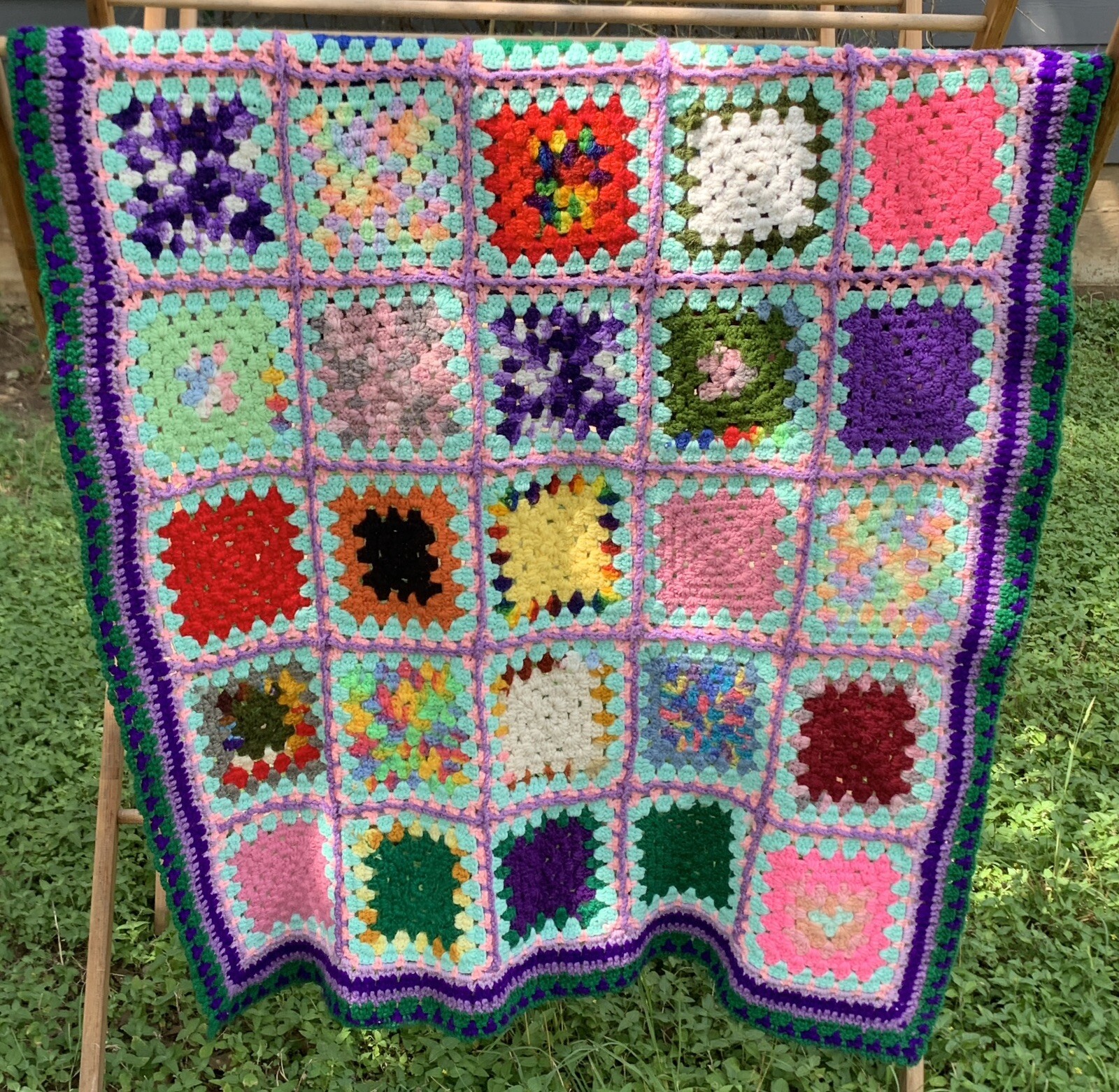 Afghan Granny Square Blanket Crochet Throw Lap Baby Unisex 35” x 49” VTG