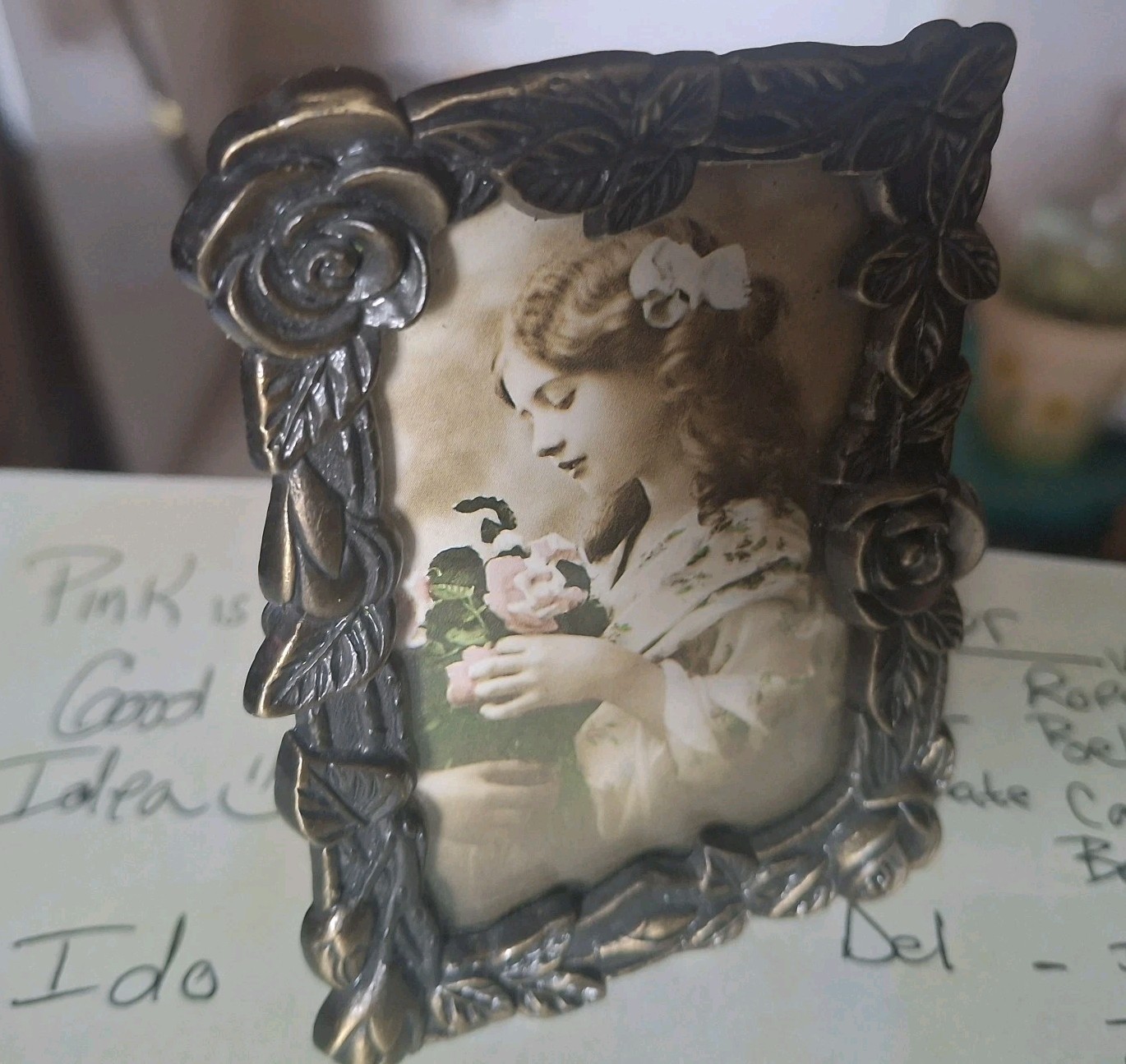 Vintage Roses Leaves Antique-look Picture Photo Mini Frame 2” X 3” Made In Korea