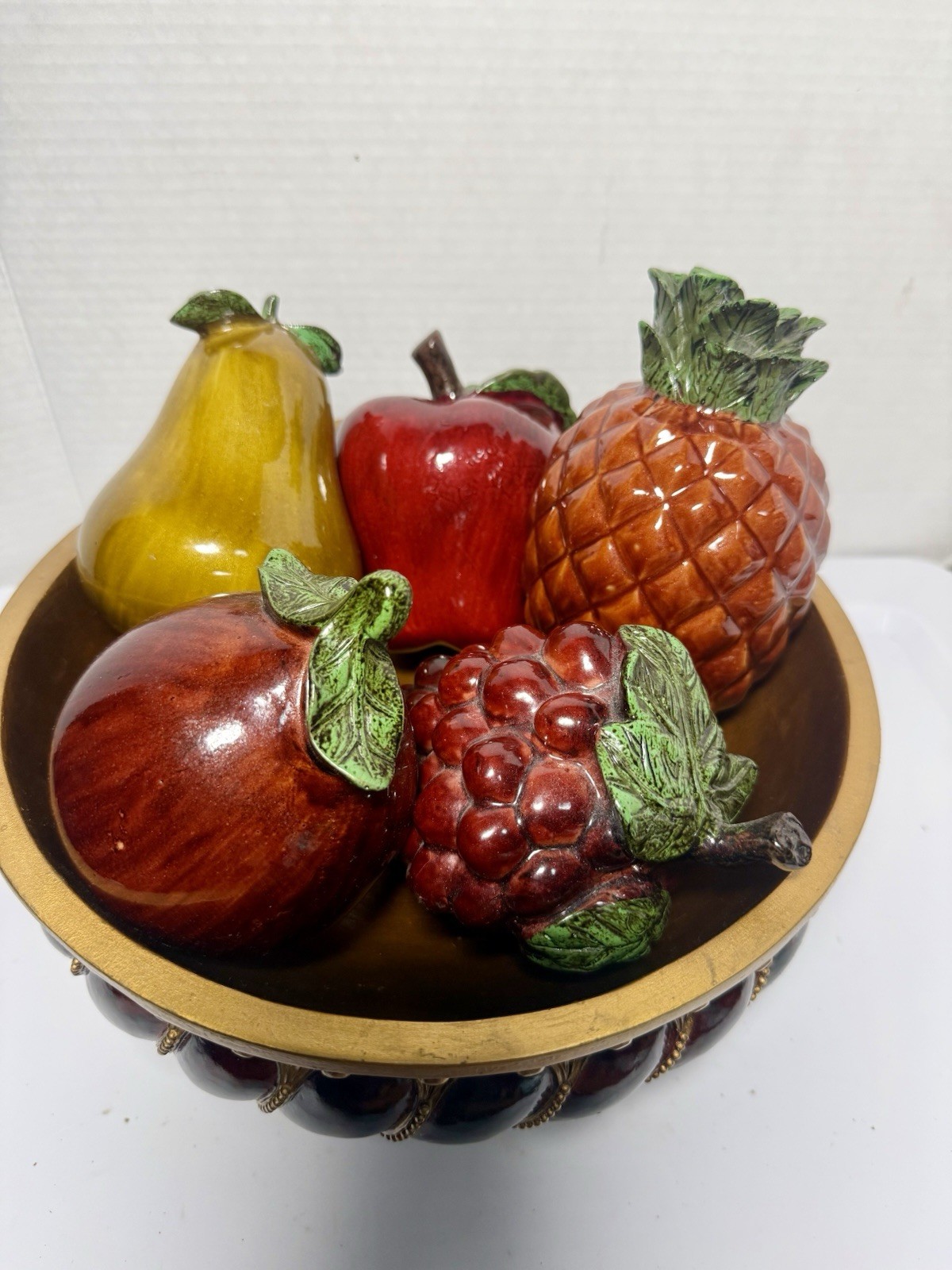 Ceramic Multicolor Fruit Centerpiece Bowl with Pineapple Pear Grapes Apple Pom
