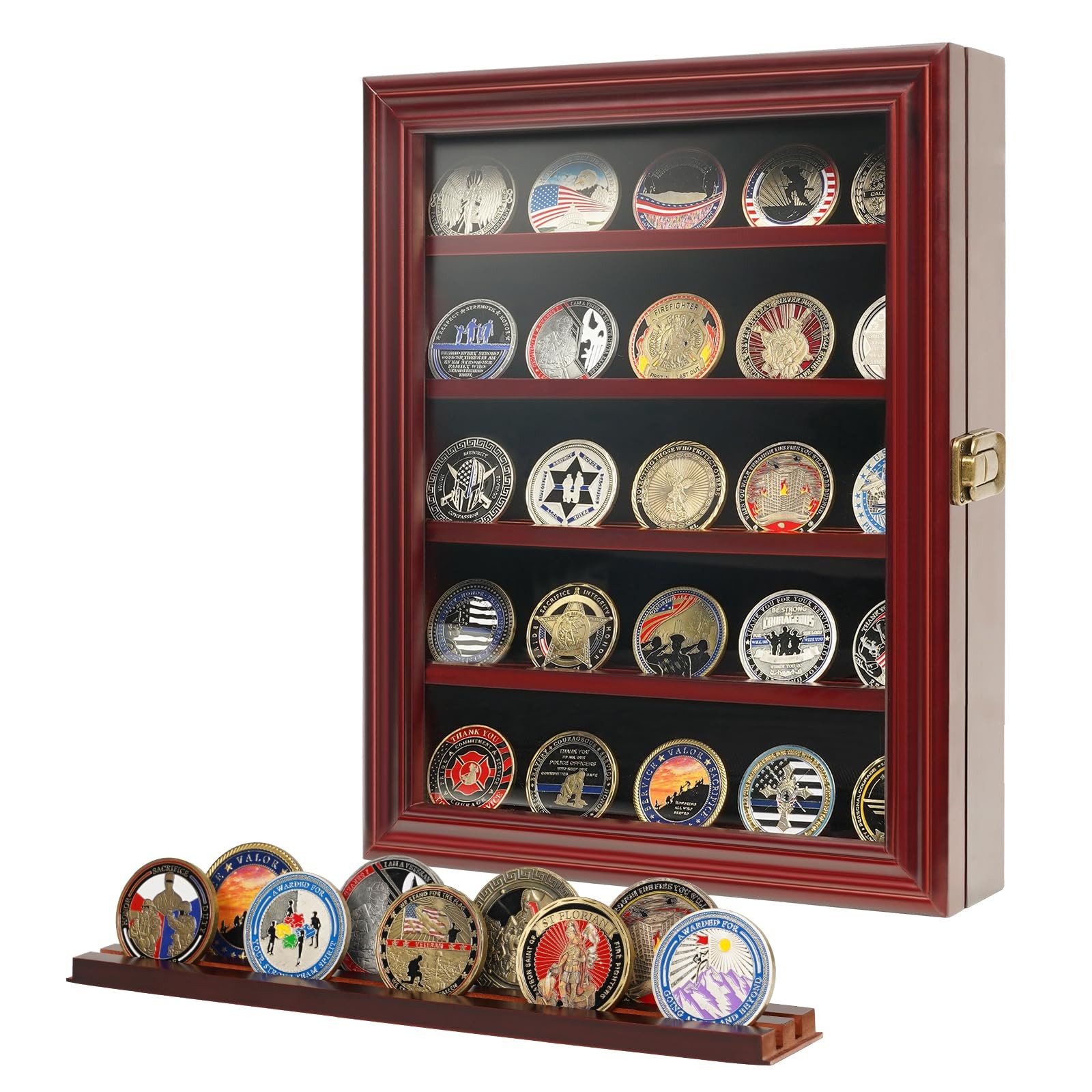 Wooden Challenge Coin Holder Display Case with HD Tempered Glass, 5 Rows Meda…