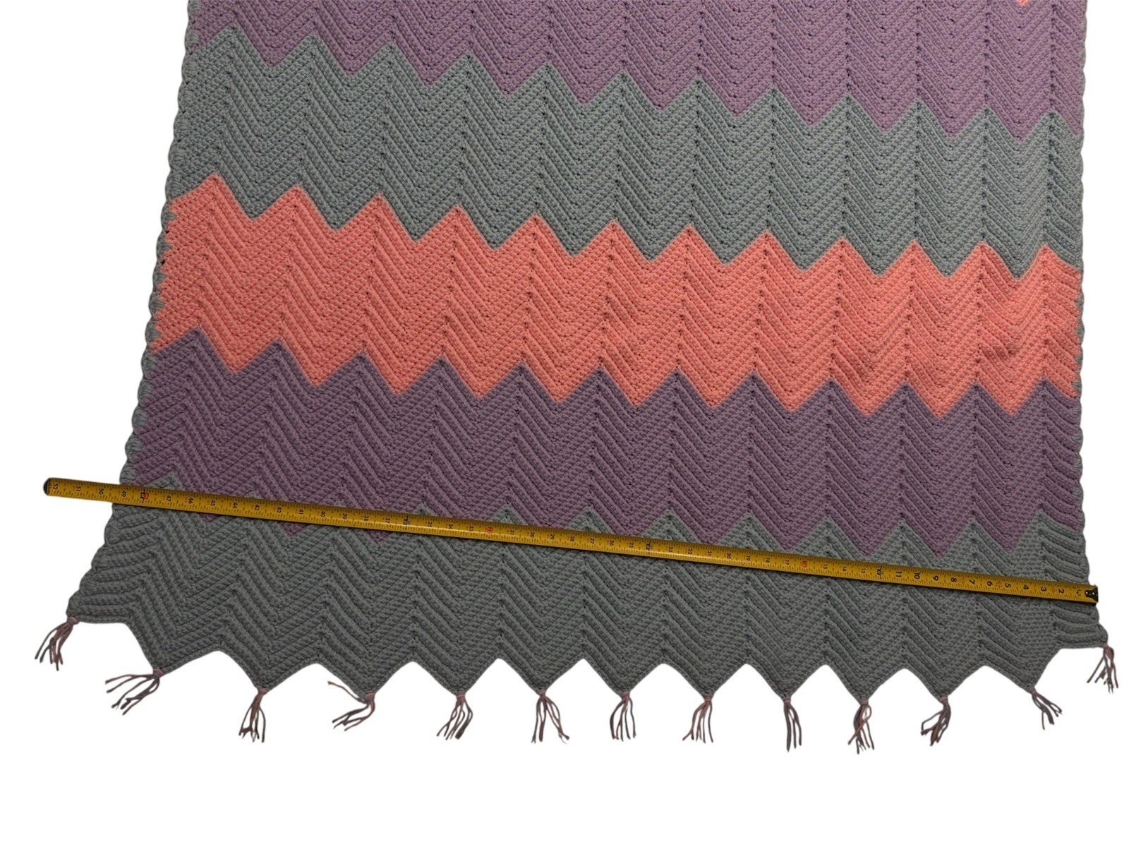 Hand-Crocheted Chevron Afghan – Blue, Pink & Purple Ripple Throw – 49” x 75
