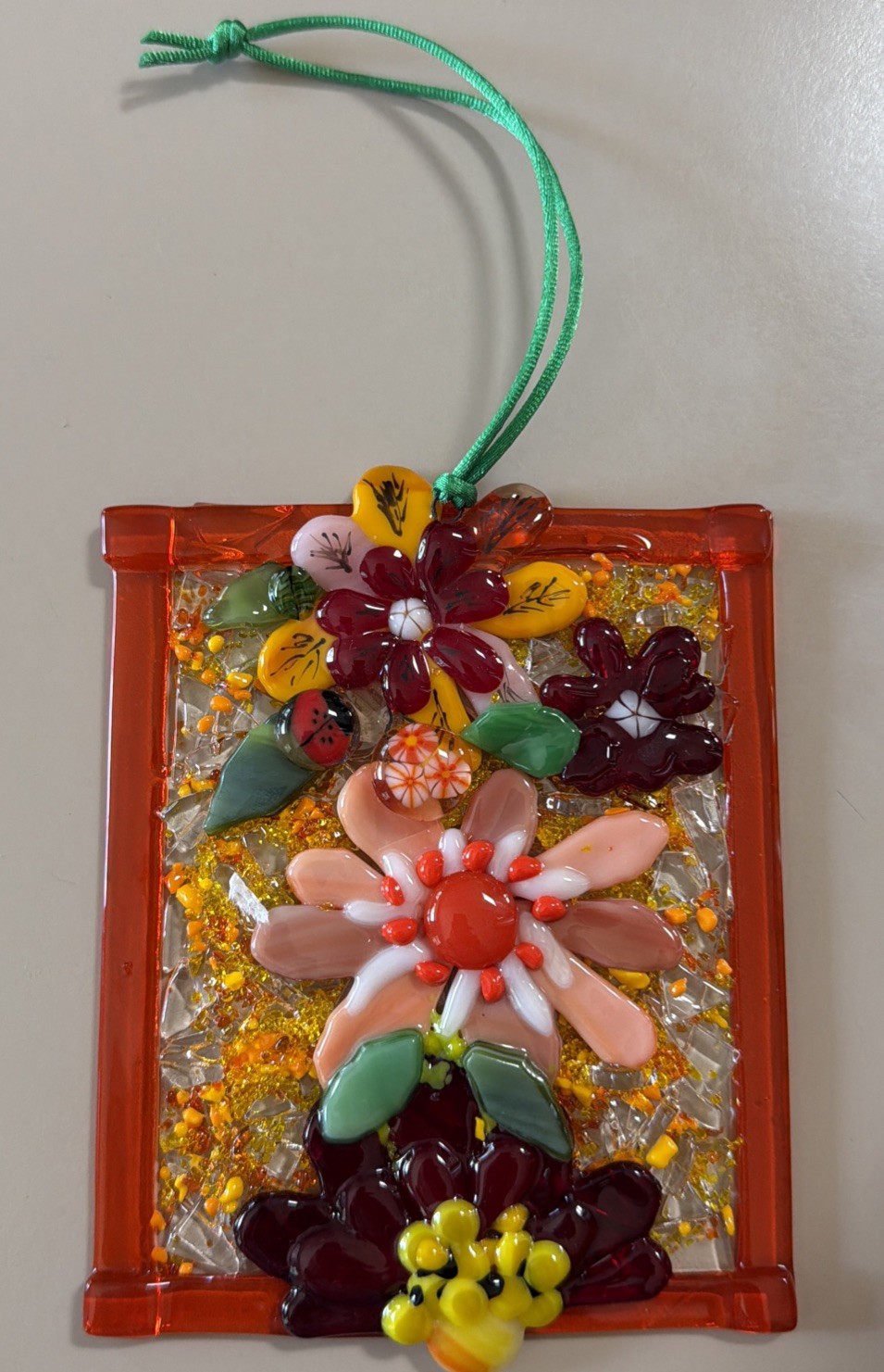 Fused Glass Handmade Flowered Rectangular Multicolor Sun Catcher Signed