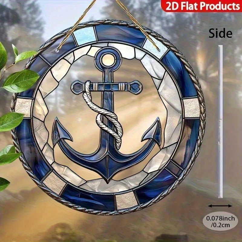 Navy Blue Anchor Rope Nautical Rope Rim Round Acrylic Suncatcher Coastal Decor