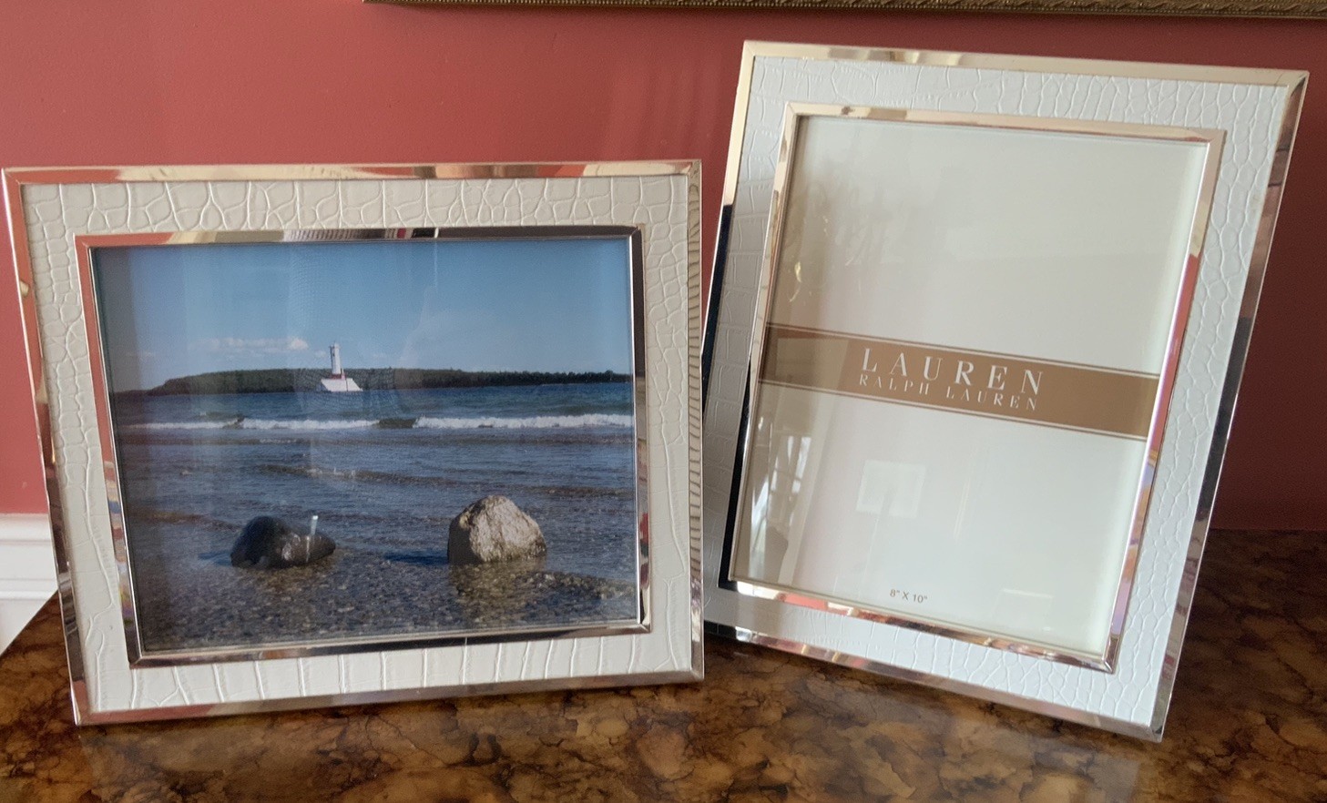 Ralph Lauren Chapman Ivory/White Crocodile Embossed Frame 8”x10” Set Of 2