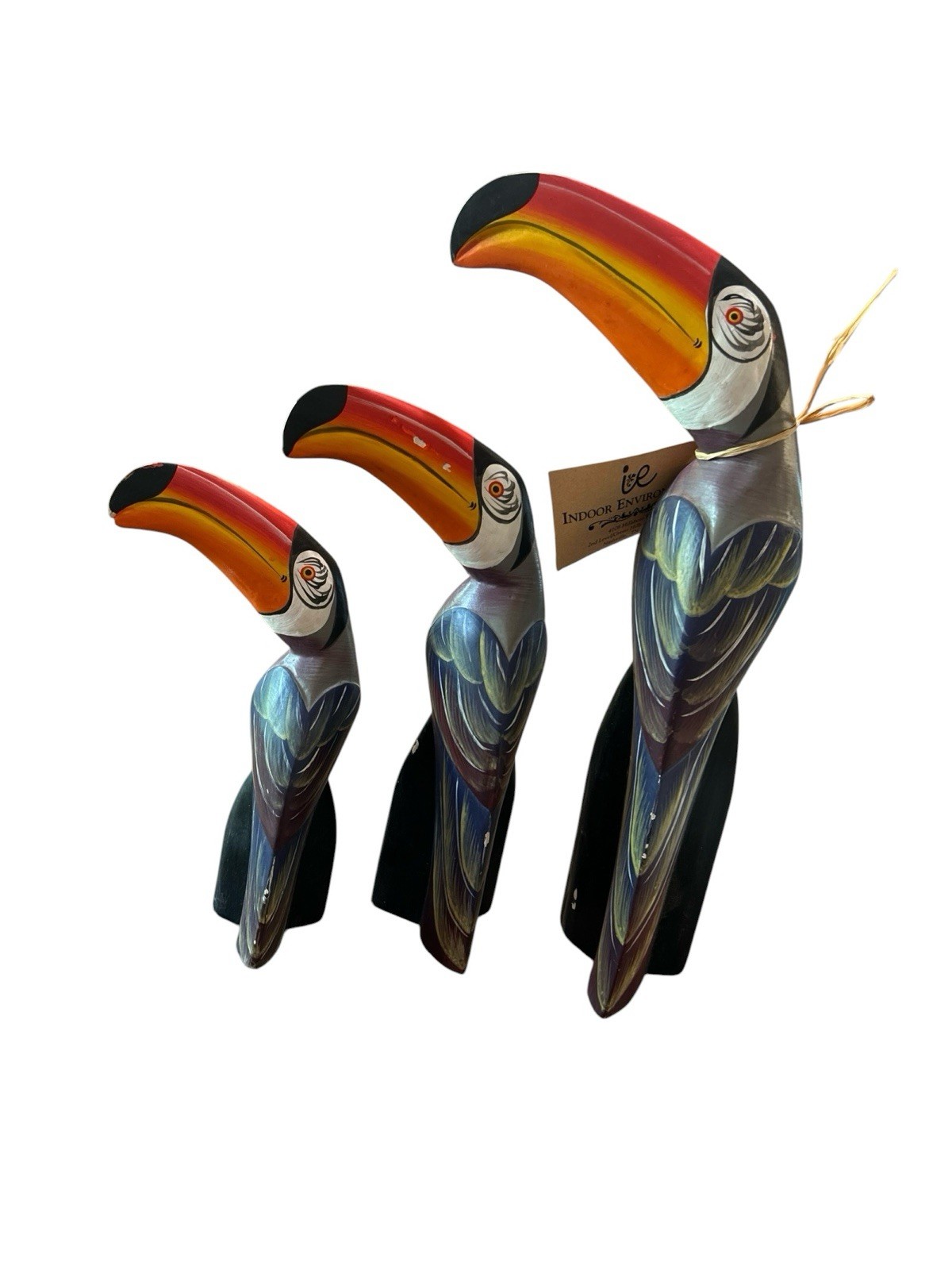 Toucan Bird Wood Carved Painted Set Of 3 Indonesia 15”, 11”, 9.5”