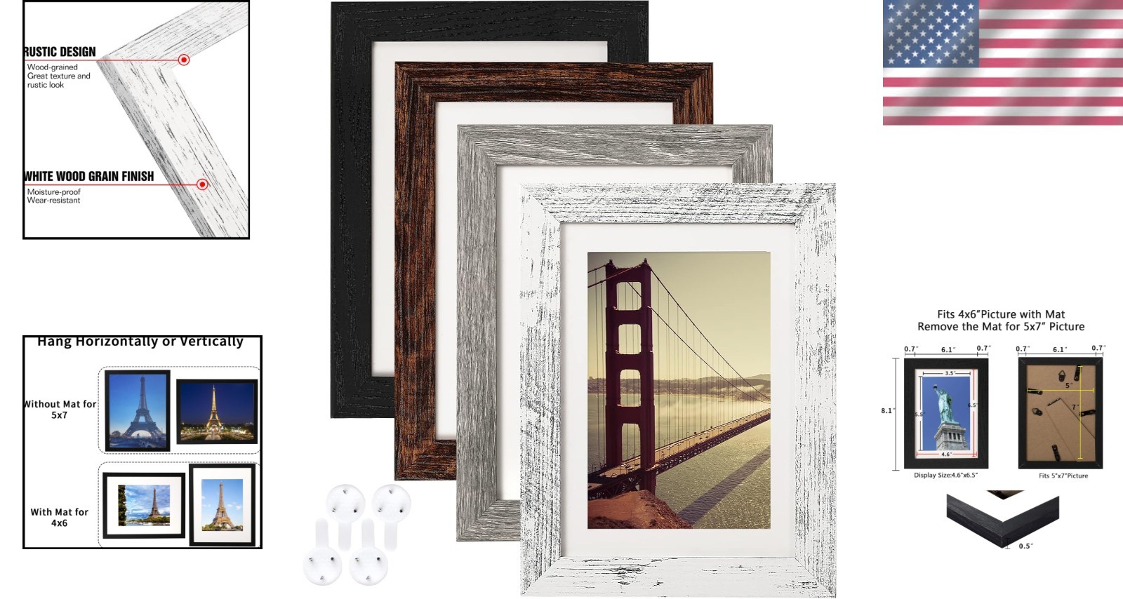 Set of 4 Rustic 5×7 Picture Frames – Distressed Wood Look for Charming Decor