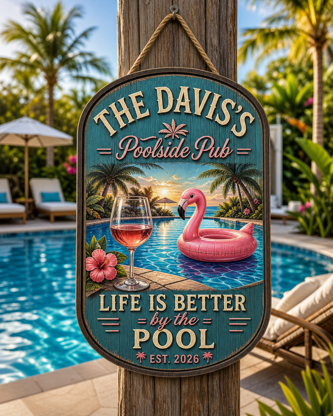 Poolside Pub Wooden Sign Personalized Family Pool Sign Gift for Patio Bar