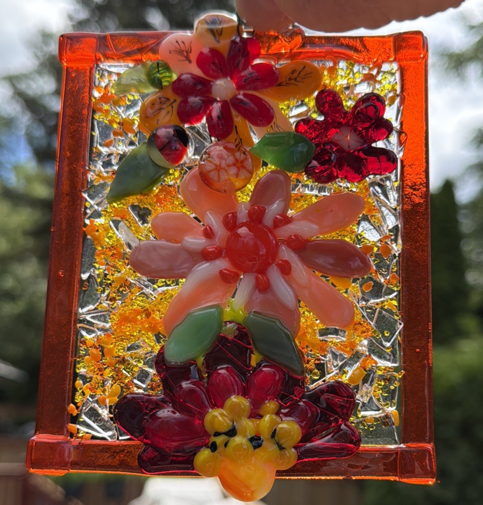 Fused Glass Handmade Flowered Rectangular Multicolor Sun Catcher Signed