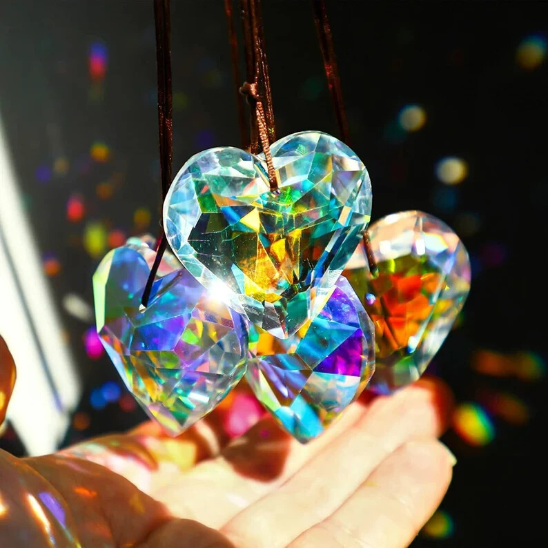 45MM Suncatcher Faceted Heart Prism Crystal Pendant Rainbow Glass Chandelier