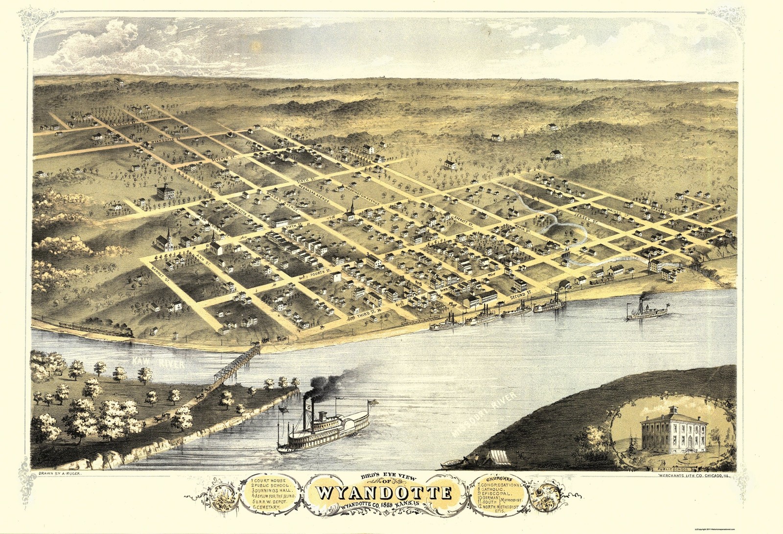 Historic Panoramic View – Wyandotte Kansas – Ruger 1869 – Vintage Wall Art