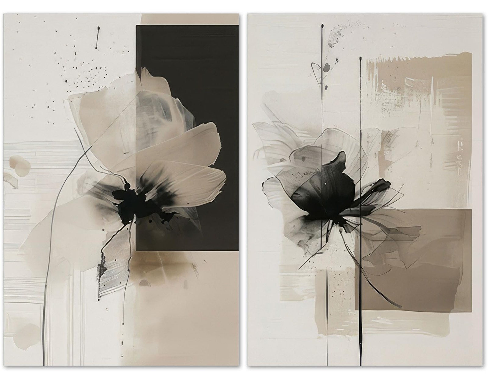 2Pcs Neutral Abstract Wall Art Floral Pictures Modern Minimalist Canvas Poste…