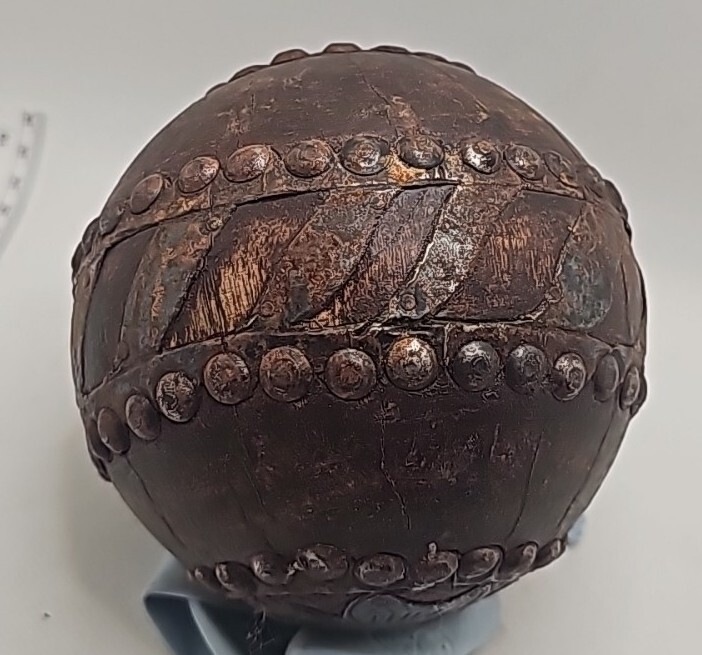 Decorative Ball Sphere VTG Wood Metal W Designs Pressed On To Bands hand made