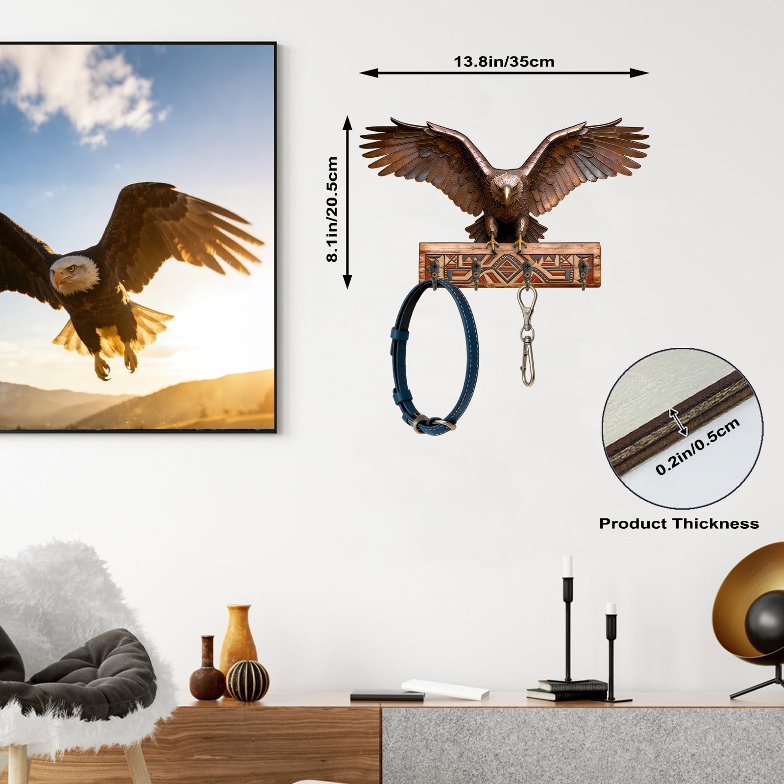Wooden Wall Art Decor with 4 Rustic Hooks, Eagle Treasure Chest Design Key Ho…