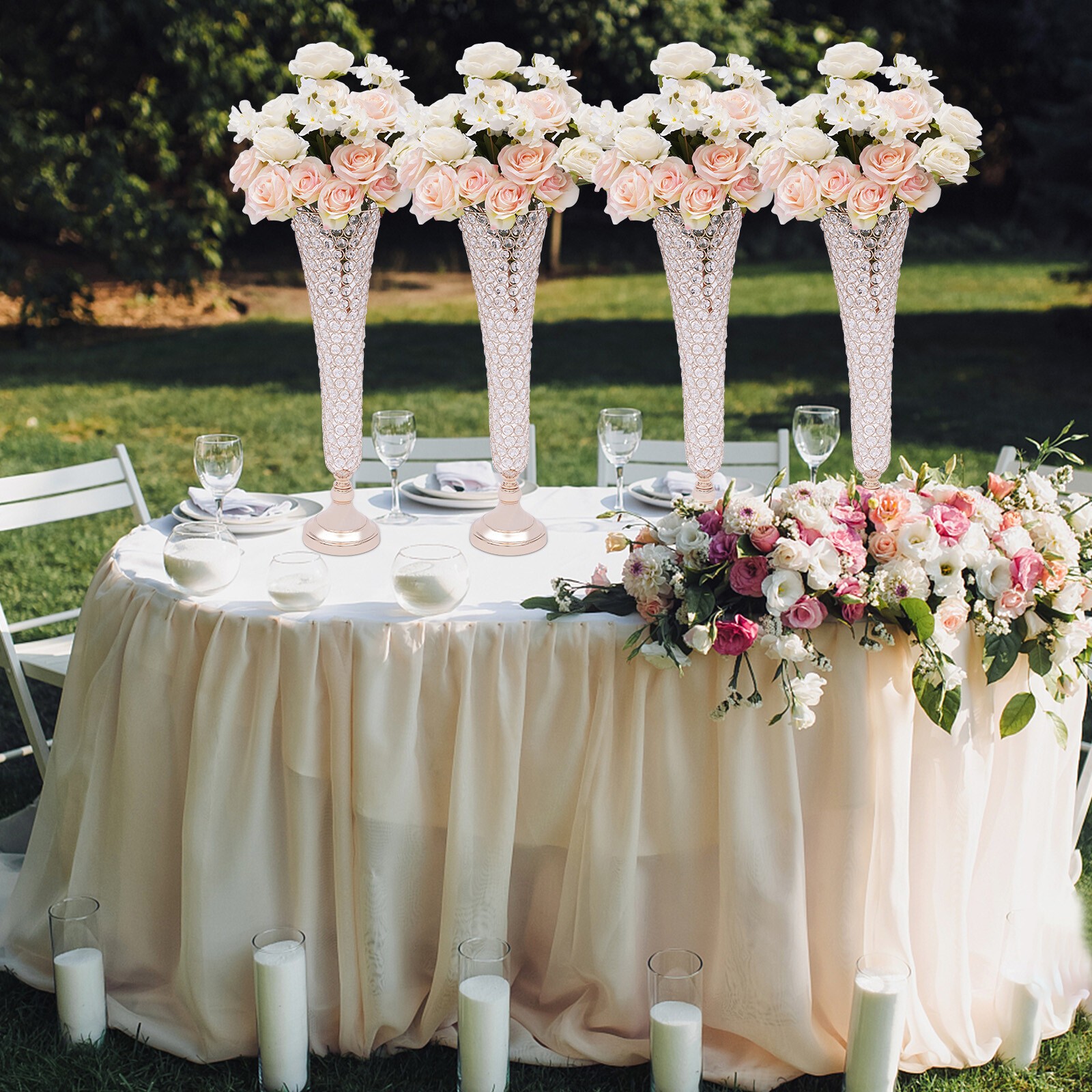 (PACK OF 4) 21&Prime; Tall Gold Crystal Beaded Metal Trumpet Vase Table Centerpiece