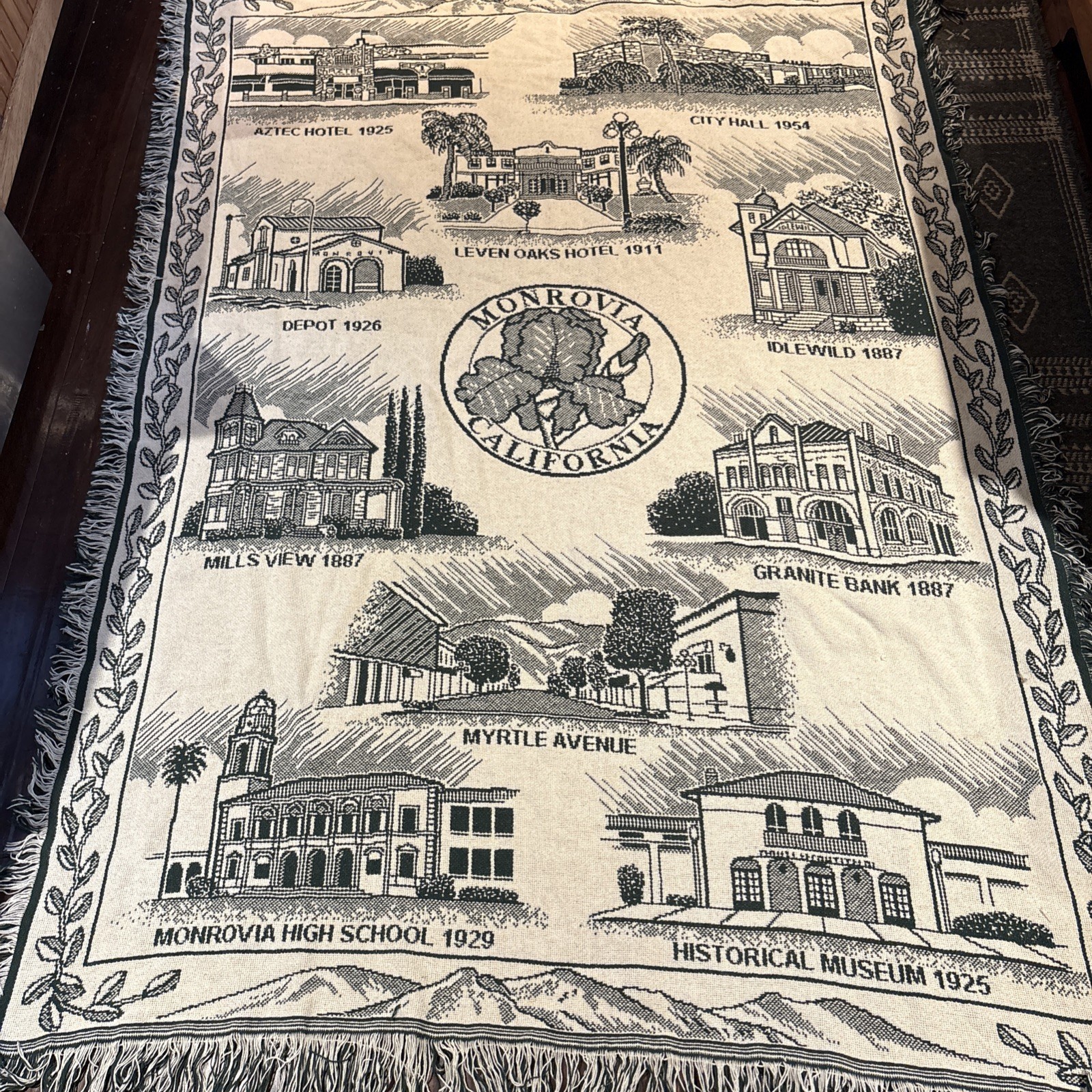 Monrovia CA Woven Throw Blanket 68×47”Fringed Tapestry Reversible Town Landmarks