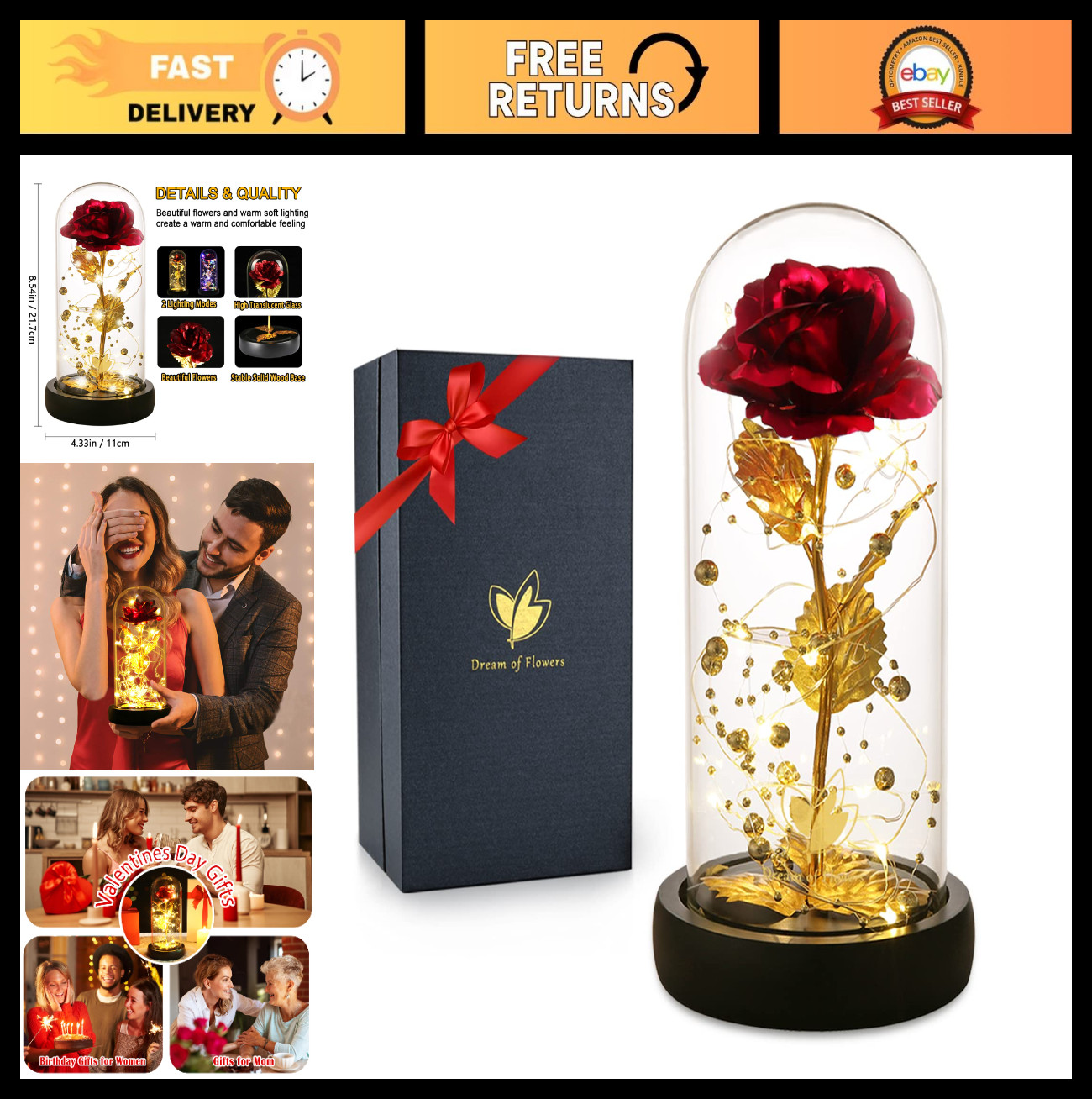 Eternal Colorful Glass Rose with Gold Foil – Mother&rsquo;s Day, Birthday & Anniversar