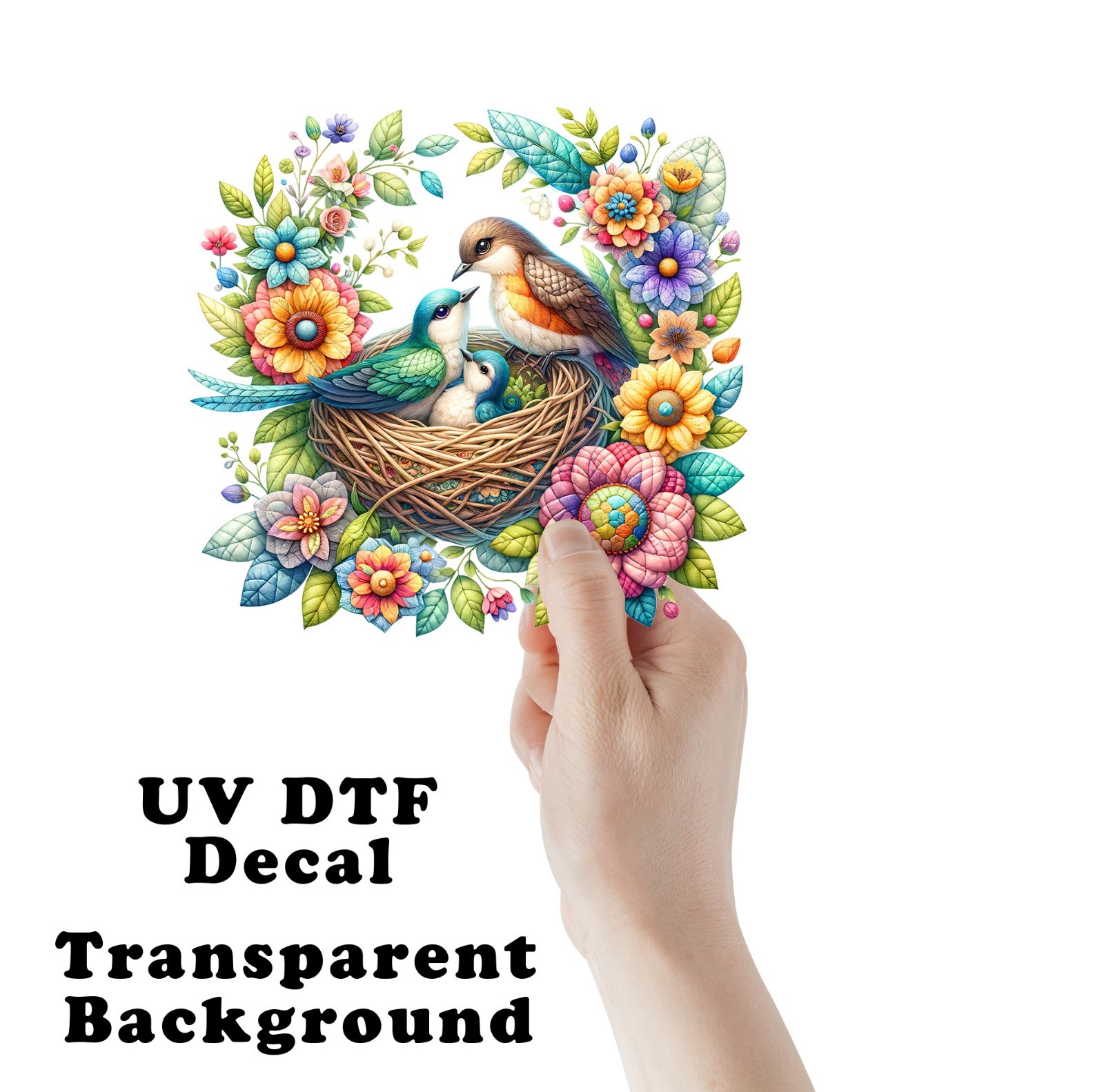 Bird Family in Nest UV DTF Transparent Sticker / Decal