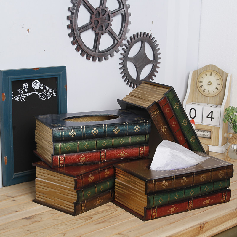 Wood Book Shape Tissue Box Retro Rectangle Napkin Paper Holder Storage Case.