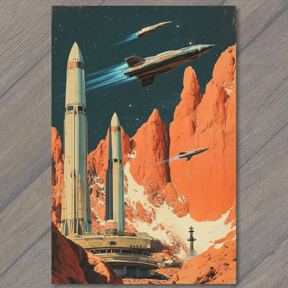 Art Print Rocket Launch Mars Base Red Cliffs Sci Fi Jets Spacecraft Stars