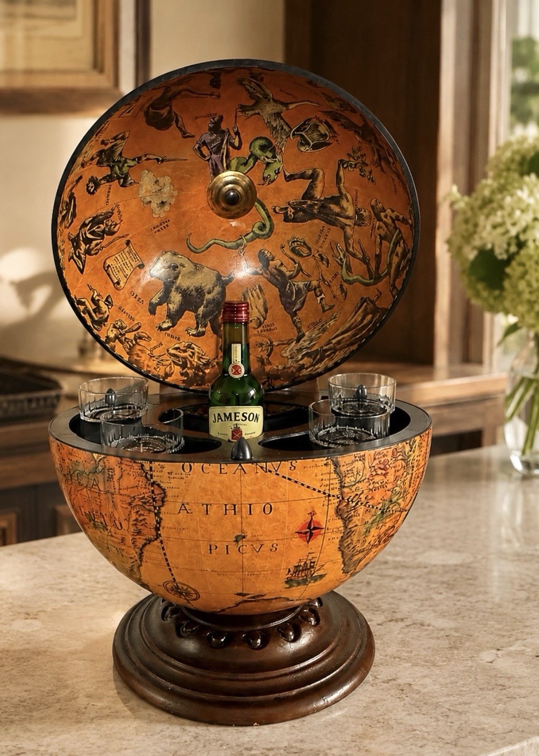 Tabletop Globe Mini Bar Old World Map Zodiac Interior Liquor Holder Italy 20”