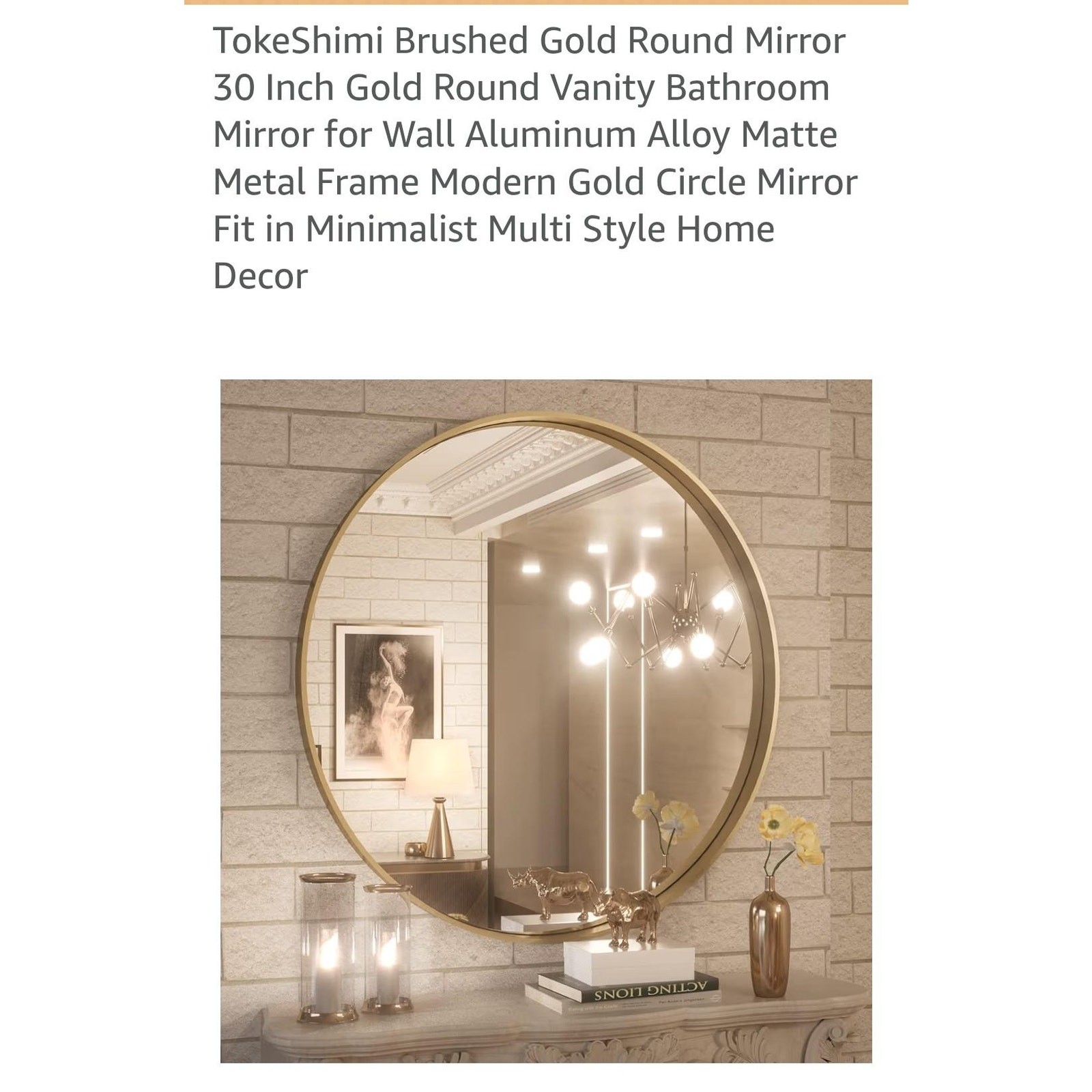 3709 Brushed Gold Round Mirror 30 Inch Bathroom or Wall Aluminum Frame Modern