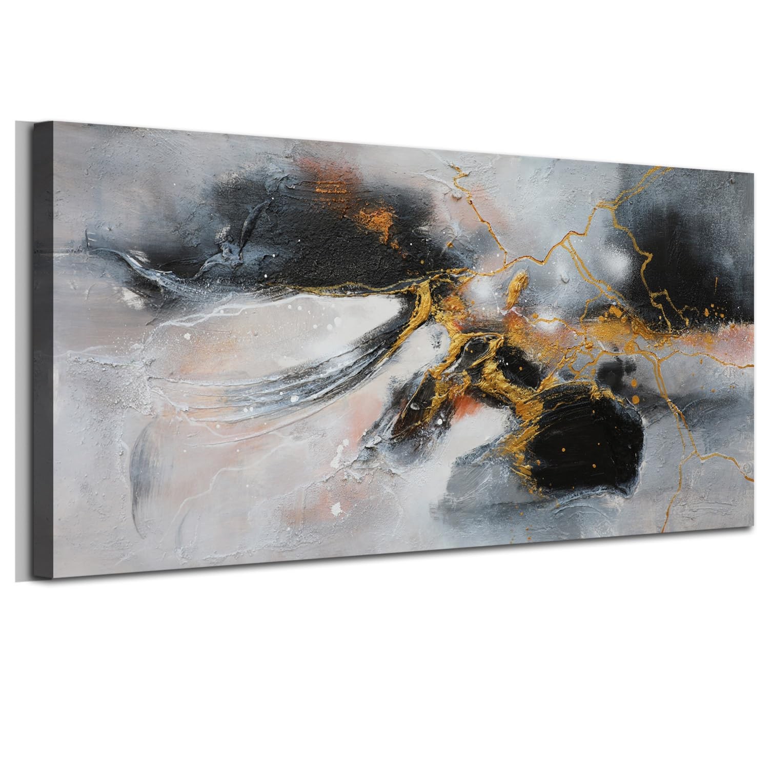 Abstract Canvas Wall Art Large Framed 48&Prime;x24&Prime; – Black and White Gold Crackle …