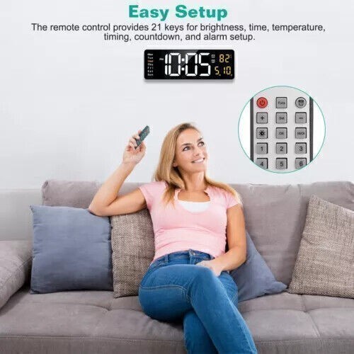16in Digital LED Desk Alarm Clock Large LCD Display Wall Clock Date With Remote
