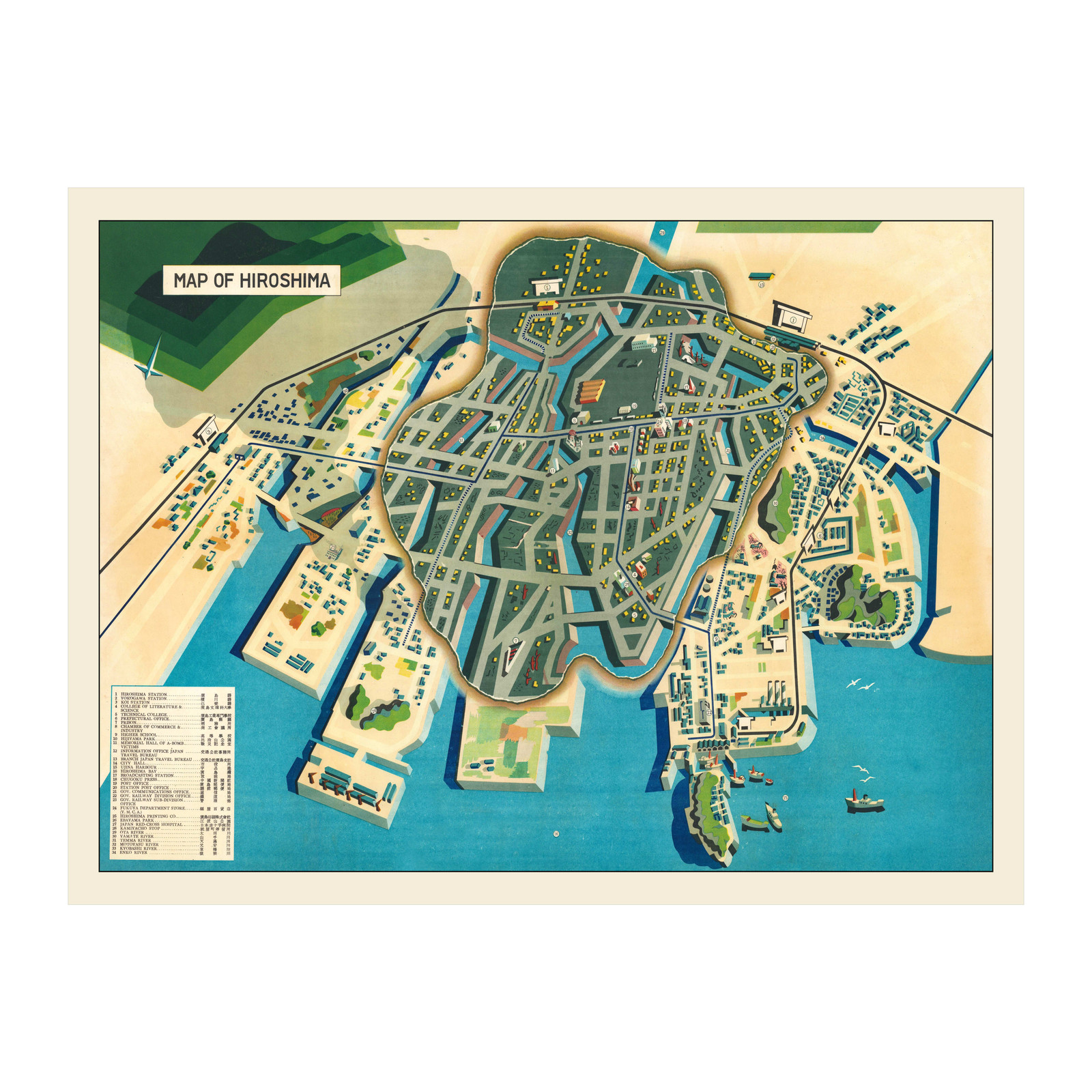 Old Map of Hiroshima 1947 – Vintage Japan Art Wall Decor Pri