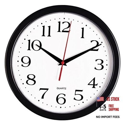Black Wall Clock Silent Non Ticking Quality Quartz Battery Operated 10 Inch
