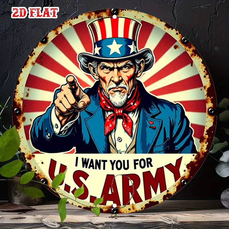 Aluminum Tin Sign Patriotic Vintage Uncle Sam Metal Wall Art 8 Round