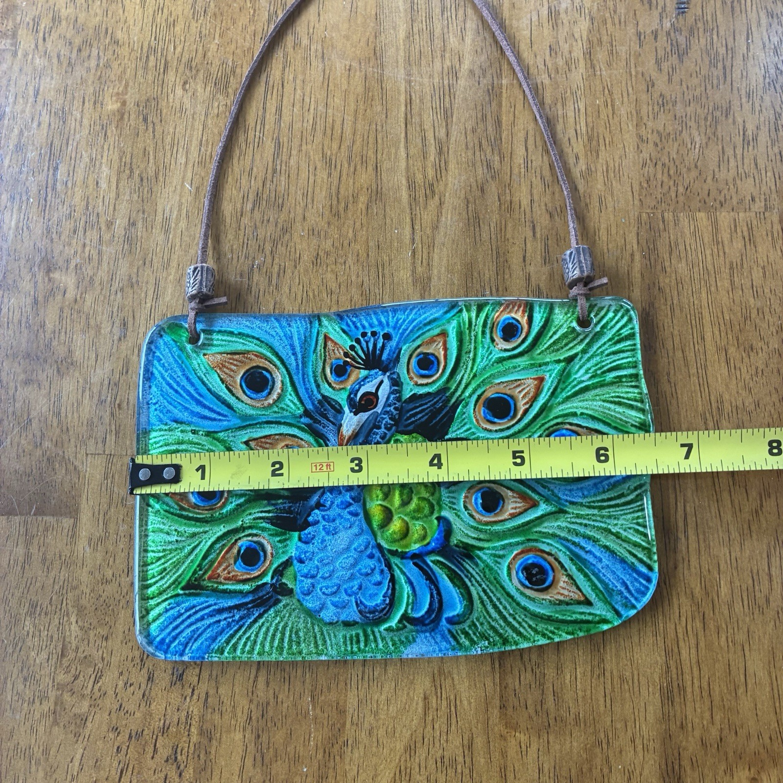 Glass Peacock Window/ Wall Decor Hanging Leather Strap Vibrant Blue Green Orange