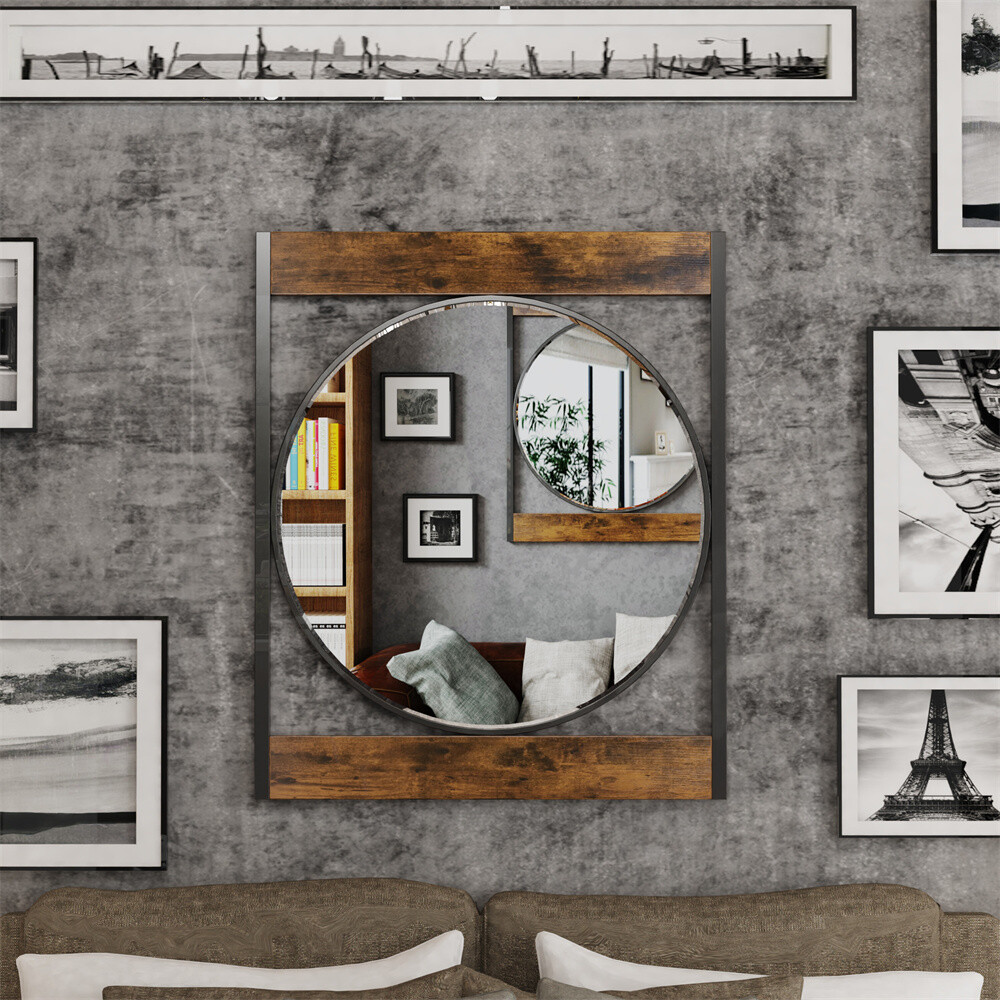 Farmhouse Metal Round Mirror in Square Frame Wall Decor for Bathroom Living Room