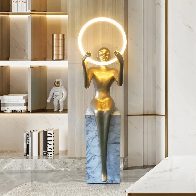 Colossal Human Sitting Sculpture holding Ring Lamp with Fiberglass top Art Decor