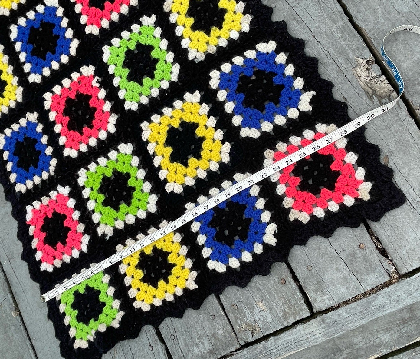 Vtg Granny Square Afghan THROW Black Boarder Colorful Squares Handmade 29”x60”